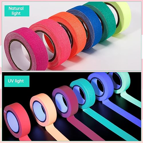 Miniatura 3 de 6 rollos de cinta de tela Gaffer de neón, 6 colores de cinta reactiva con luz negra UV, fluorescente UV que brilla en la oscuridad, cinta adhesiva