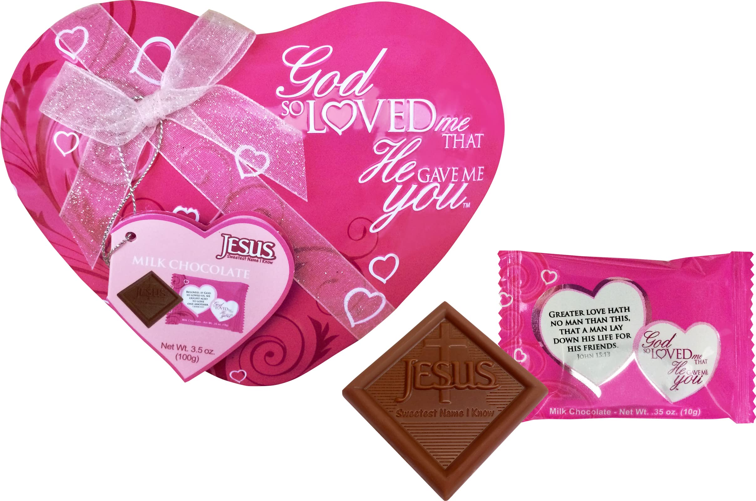 Scripture Candy, God So Loved Me, He Gave Me You Milk Chocolate Pink Heart Tin, 10 Pieces