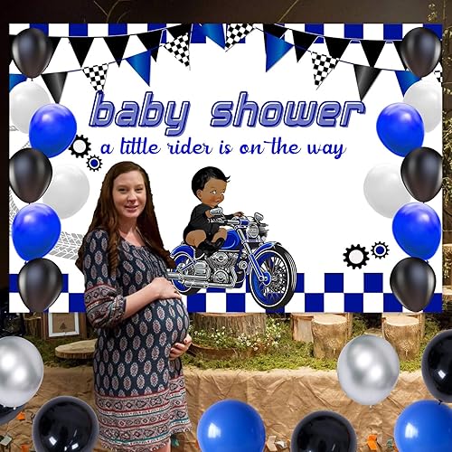Miniatura 3 de THREE REX 77 piezas de decoración de baby shower con temática de motocicleta azul y negro para niños con patrón de motocross y kit de arco de globos