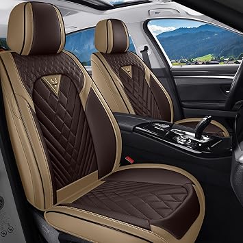 Car Seat Covers for Dodge Challenger 2008-2023,Breathable Nappa Leather Car Seat Protector,Front Seat Covers Automotive Seat Cushion with Airbag CompatibleFront Seats,Beige-Brown