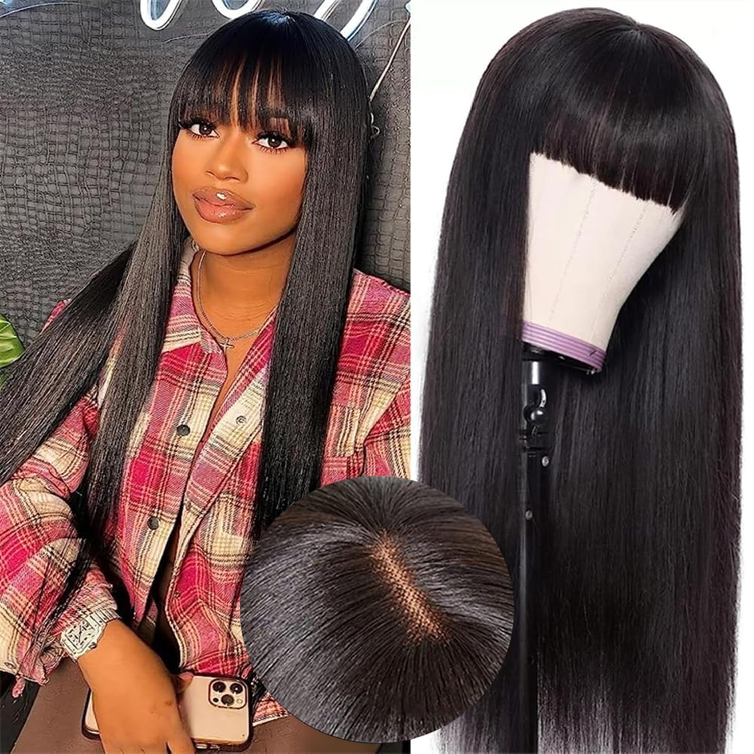 Straight Wig With Bangs Human Hair For Black Women Upgrade 2x1 HD Lace Glueless Human Hair Wigs With Bangs 150% Density Brazilian Virgin Hair 14 Inch