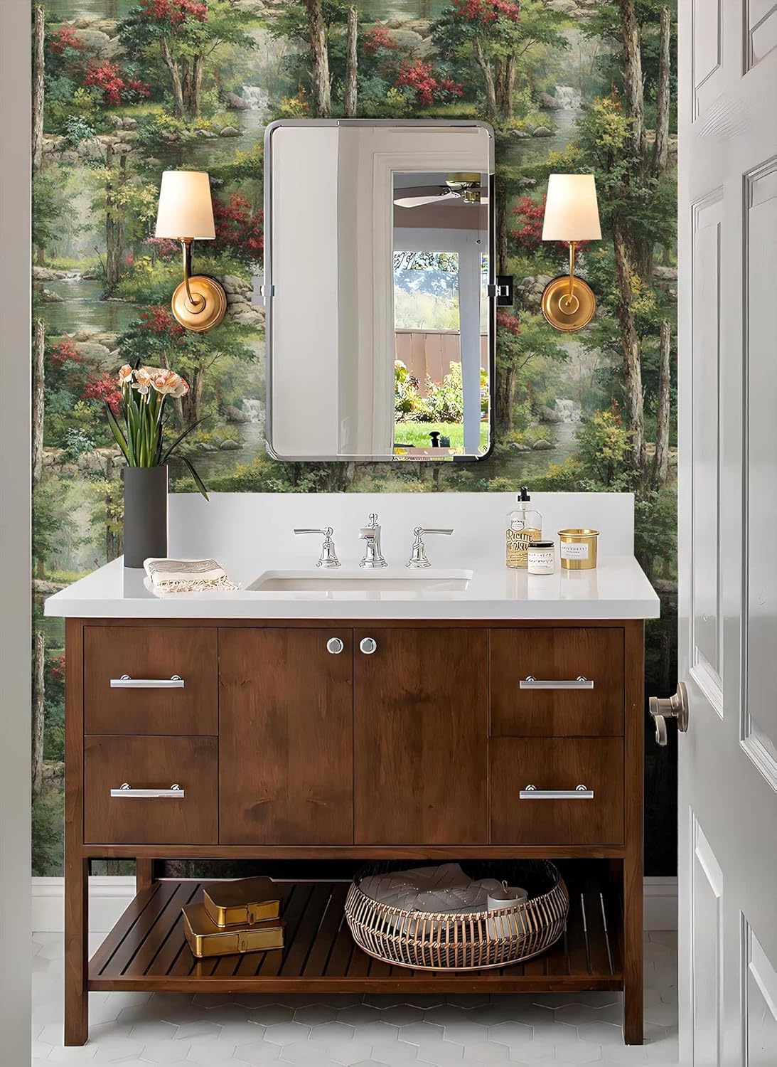 Forest Landscape Peel and Stick Wallpaper, Woodland Stream and Trees Scenic Wallpaper for Home Decor | Self-Adhesive, Waterproof Vinyl, 17.7" x 236"