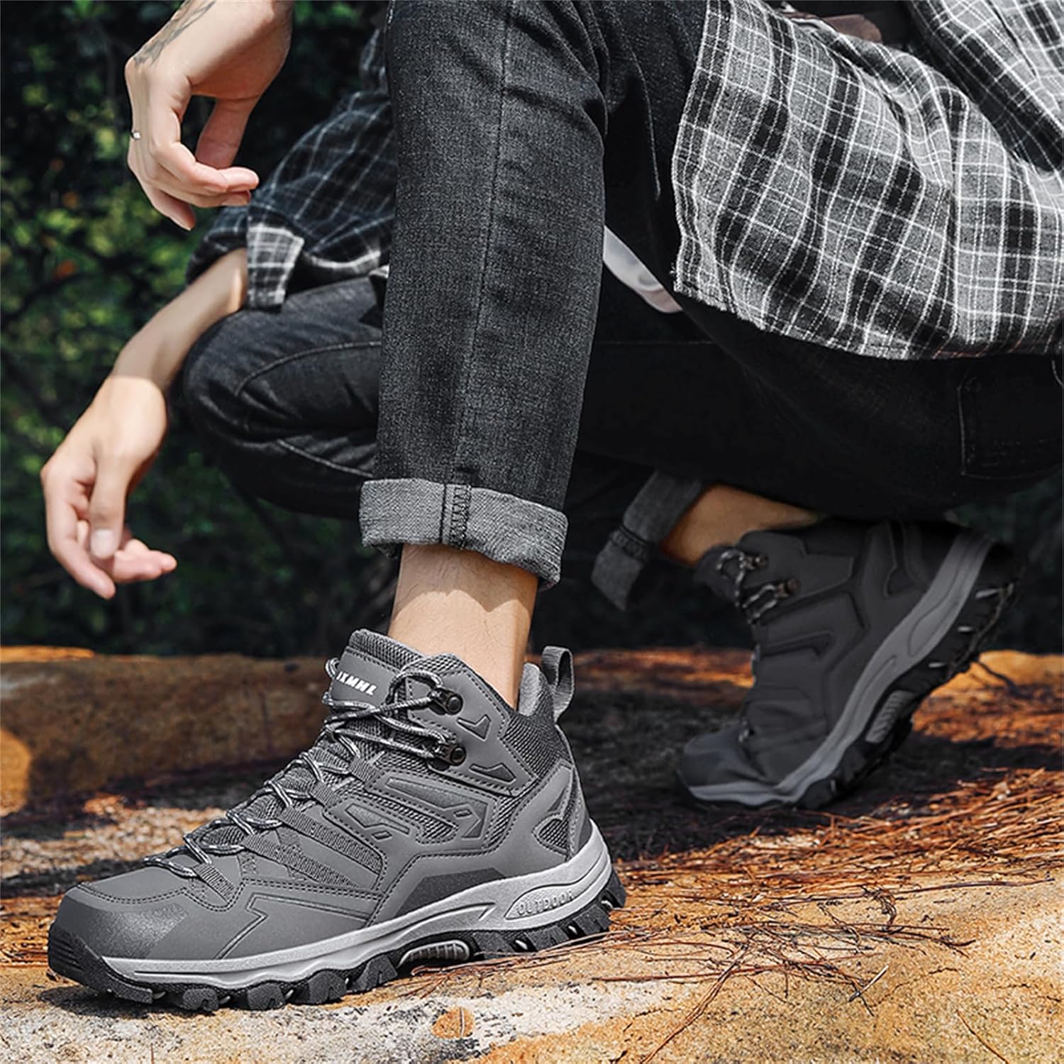 Men's Walking Boots High Rise Hiking Trekking Shoes Breathable Outdoor Work Shoes