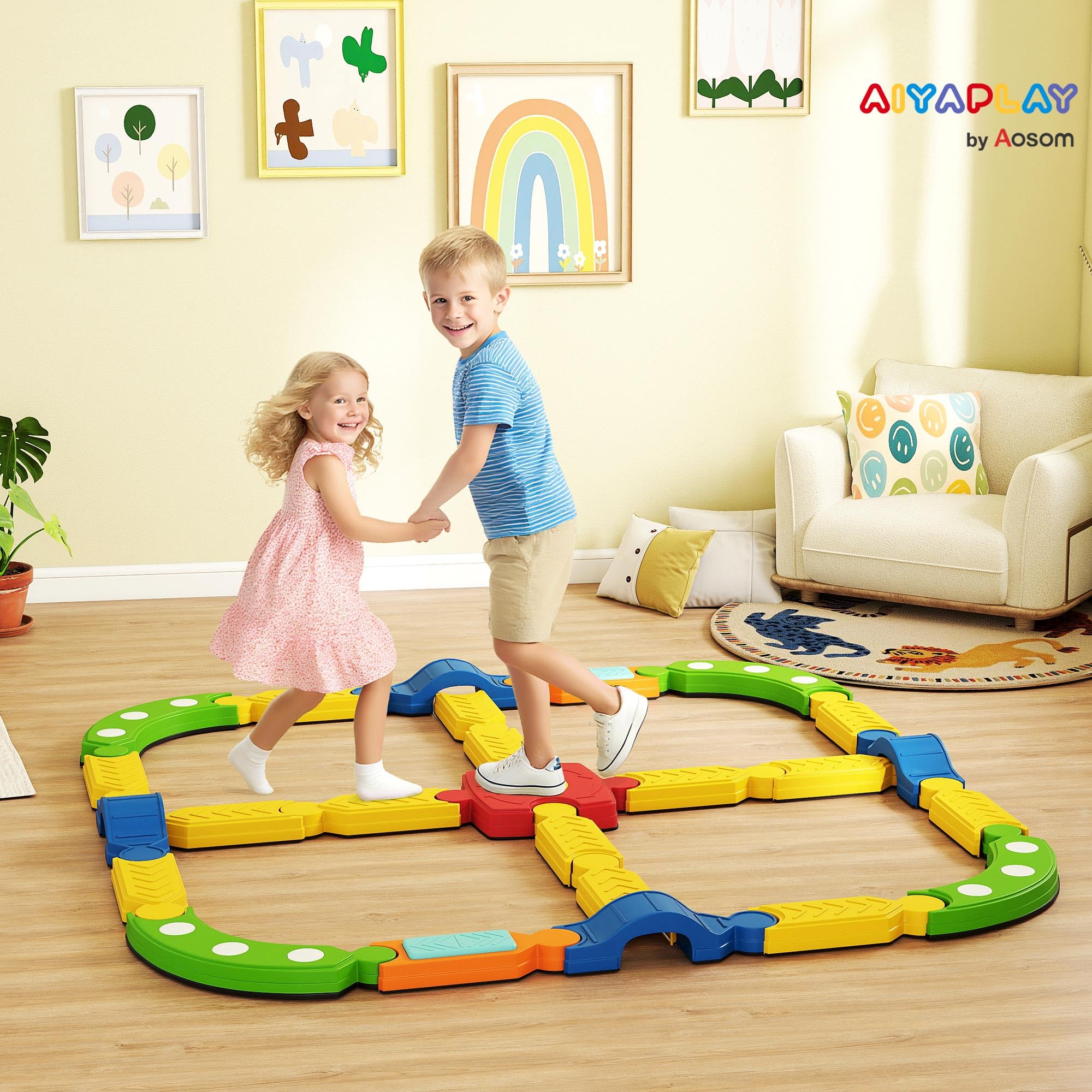AIYAPLAY Balancierbalken Kinder Schwebebalken mit 25 Balanciersteine frei kombinierbar Montessori-Spielzeug mit rutschfester Oberfläche für Kinder von 3-8 Jahren, für Drinnen Draußen für Koordination