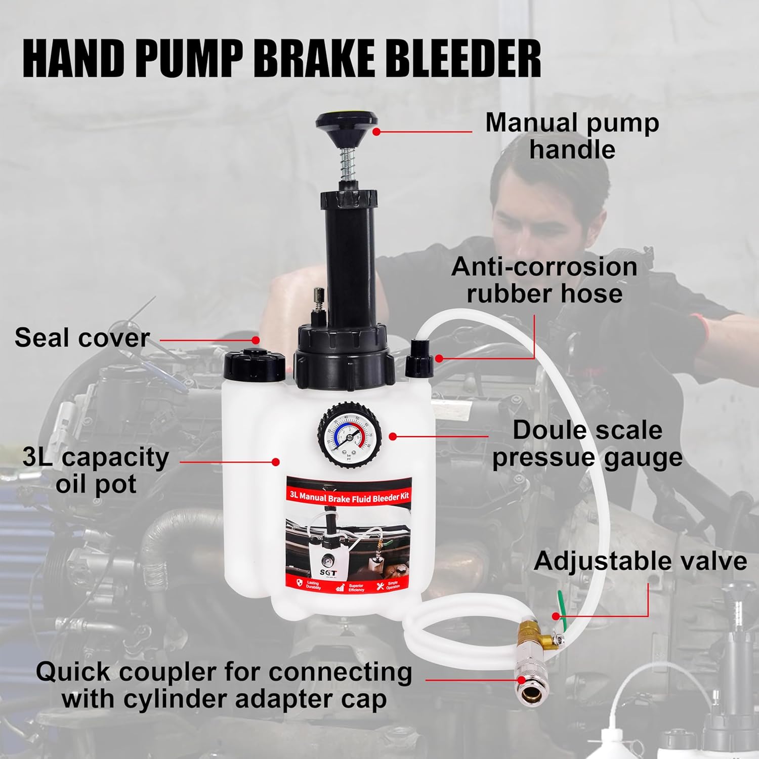 SGT 3L Brake Bleeder Kit，Manual Brake Bleeder Fluid Pump with 1L Brake Fluid Bleed Bottle and 4 Master Cylinder Adapters for Most Vehicles
