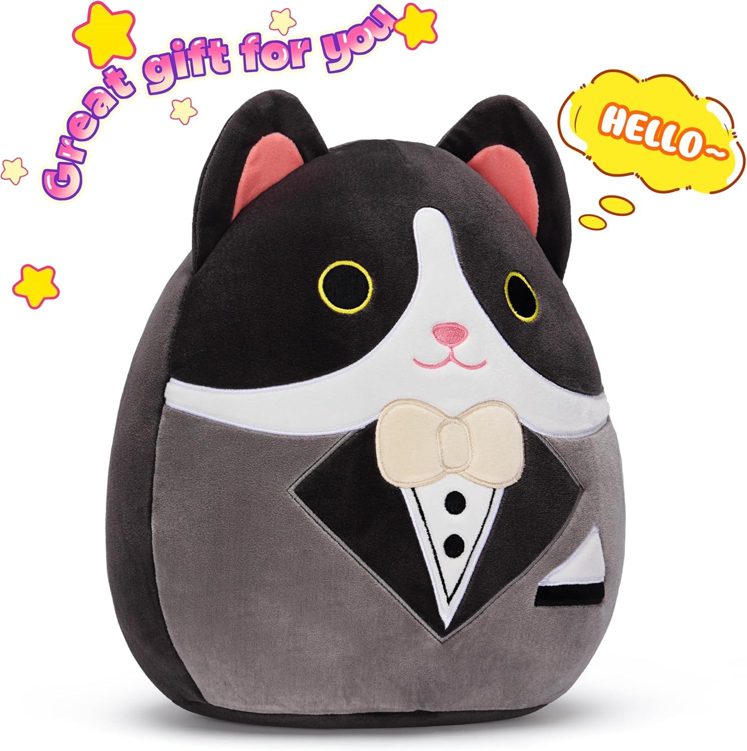 Original 12.5-inch Large Tuxedo Cat Plush Pillow Stuffed Animal Toy,Big Size Cute Soft Fat Hugging Cuddle Huggable Plushie,Gift for Kids
