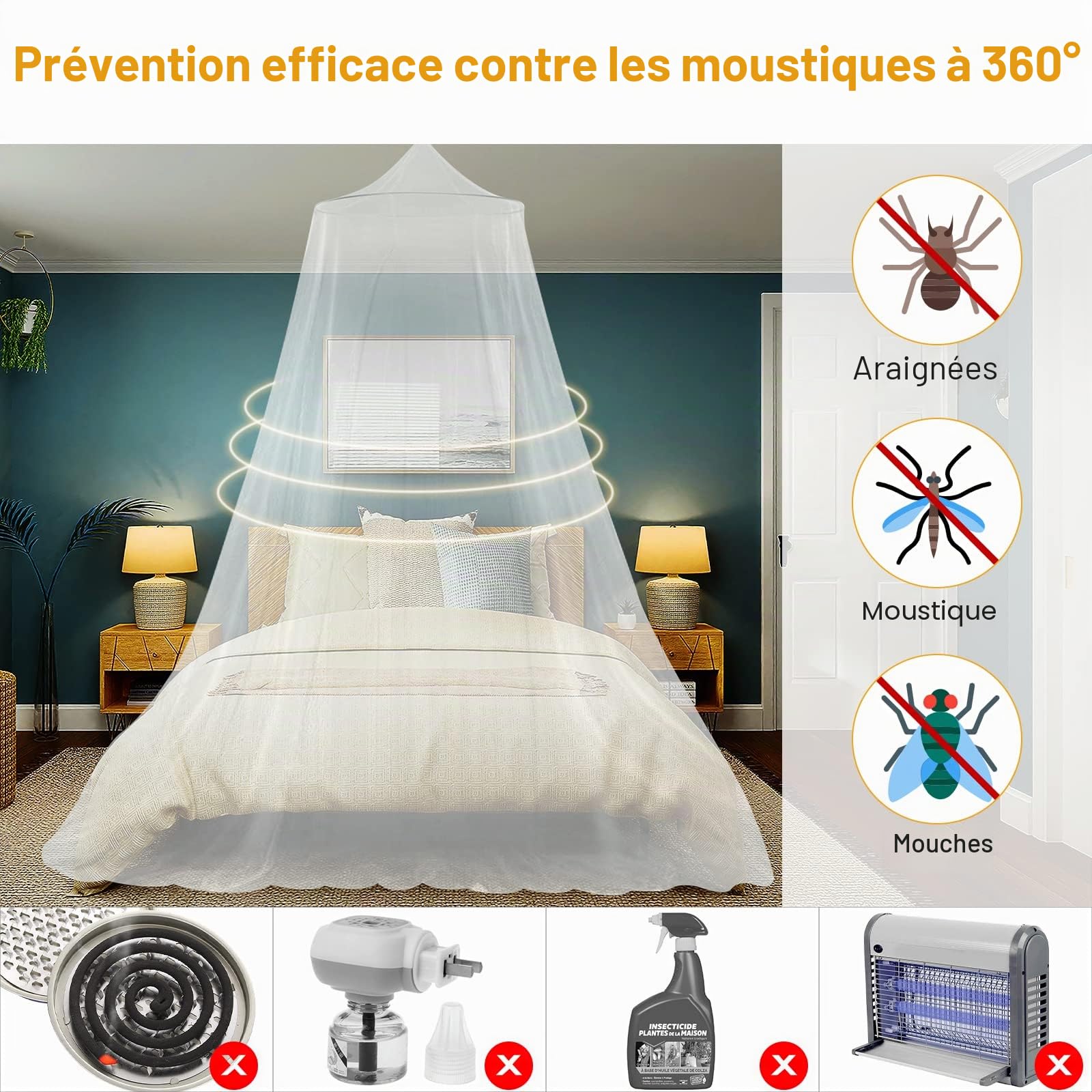 moustiquaire pour lits doubles et simples, grande moustiquaire de voyage, mailles fines pour protection contre les moustiques