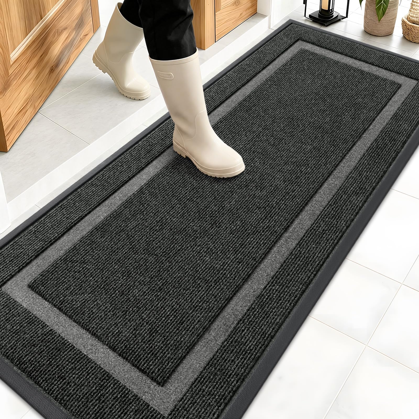 OLANLY Front Door Mat Outside 59x20, All-Season Heavy-Duty Rubber Doormat | Black, Absorbent, Stain and Fade Resistant, Waterproof Non-Slip Backing, Low-Profile Indoor Outdoor Floor Mat for Entryway