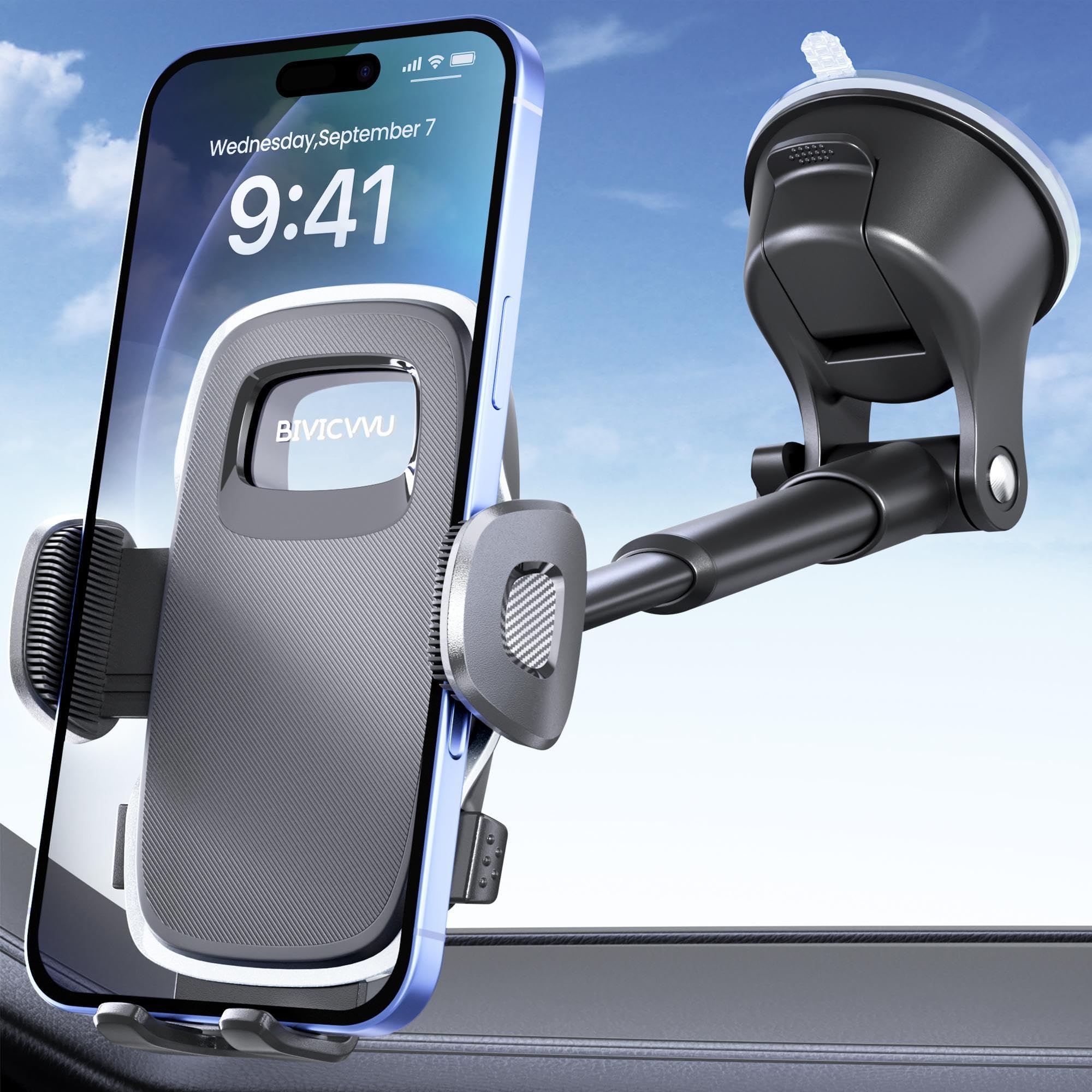 Soporte para teléfono de coche, soporte de teléfono para salpicadero/parabrisas/soporte de teléfono celular para coche, compatible con iPhone, Samsung, todos los teléfonos móviles, color negro