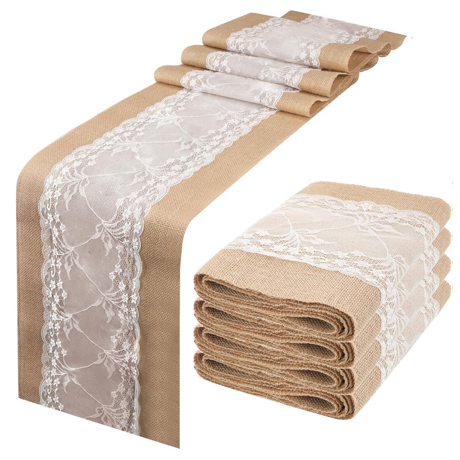 Burlap Table Runner , Burlap Lace Table Runner for Wedding , 12X108 inches , Jute Table Decor for Wedding Reception , Thanksgiving , Christmas & Party Farmhouse Kitchen etc. (4 Packs)