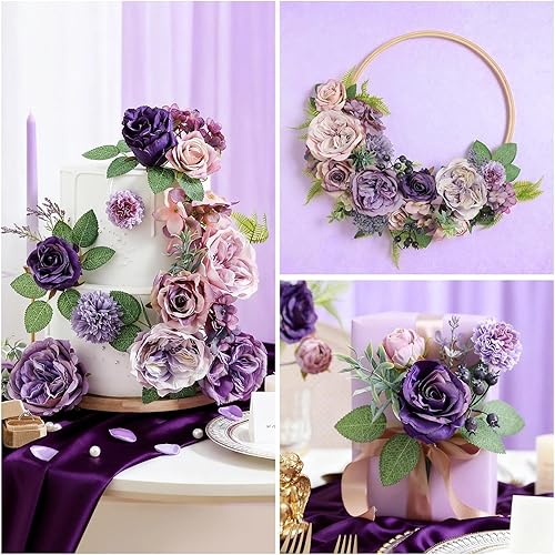 Miniatura 10 de JGRSHES Flores artificiales rosadas, flores falsas con tallos, flores artificiales de seda bohemias para ramos de novia, centros de mesa para