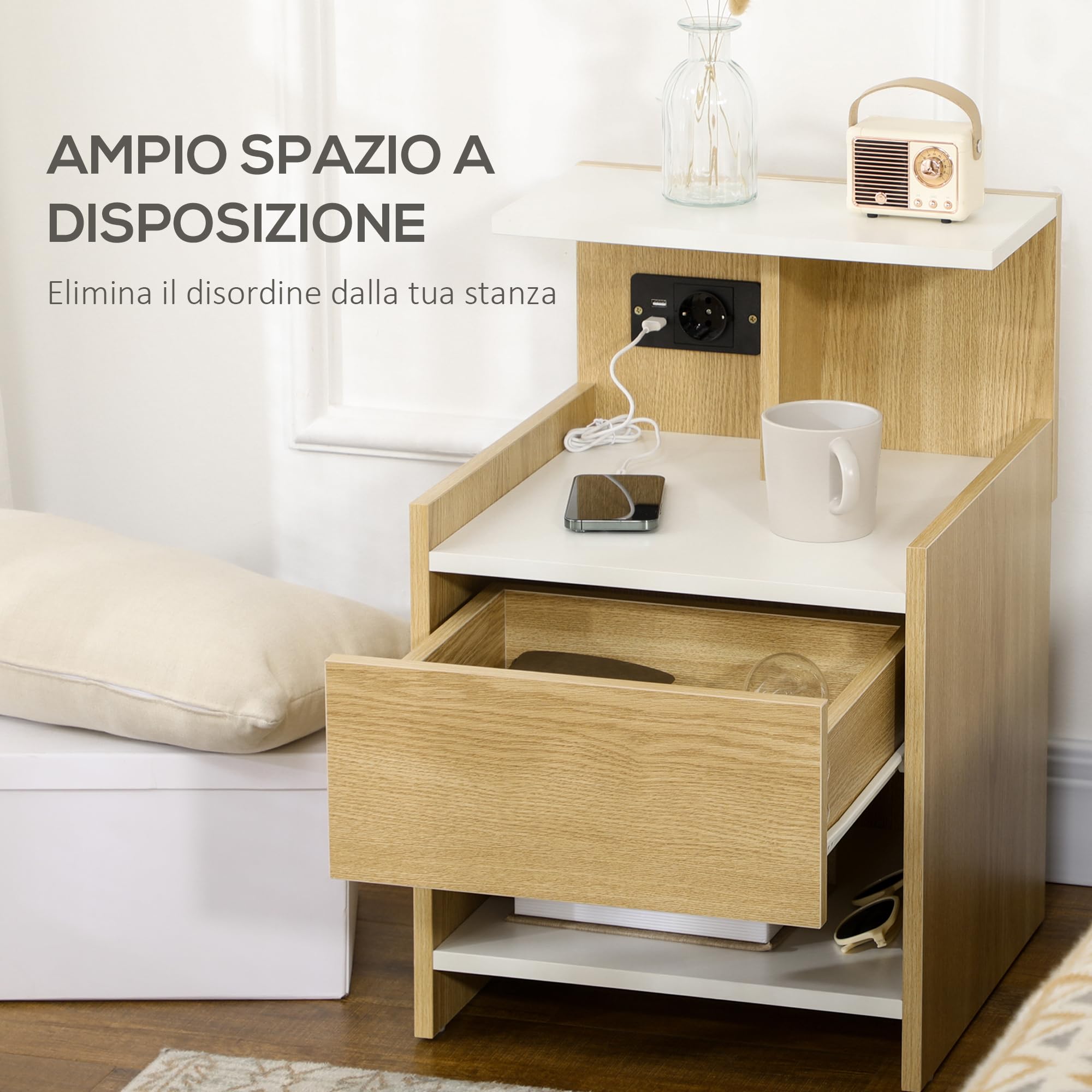 HOMCOM Comodino Moderno in Legno con Porte USB 40x40x60cm Color Legno