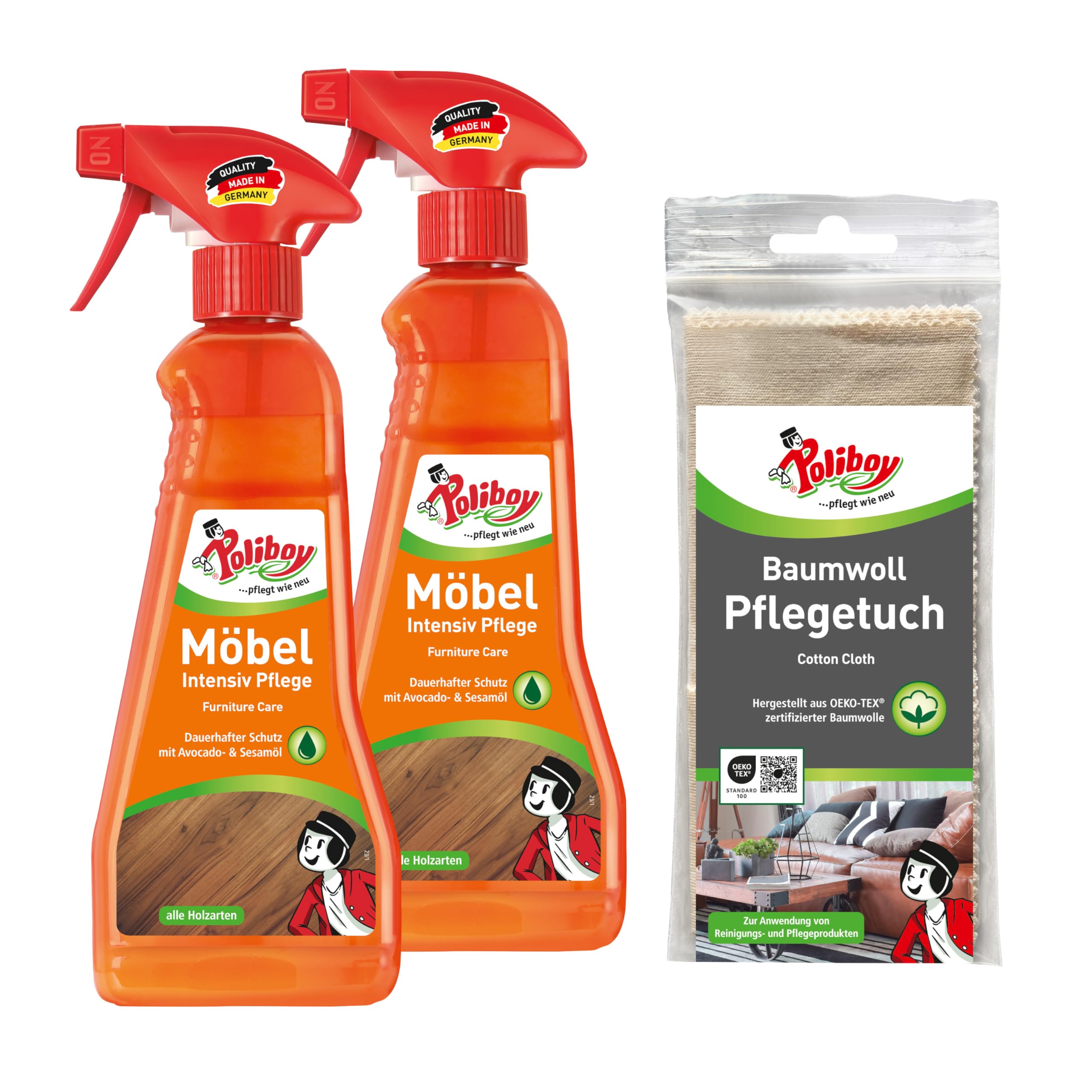 POLIBOY Cuidado intensivo de muebles – Cuidado para madera lacada – Cuidado protector y refrescante de la madera – Color neutro – 2 x 375 ml Spray matic con paño de algodón – Fabricado en Alemania