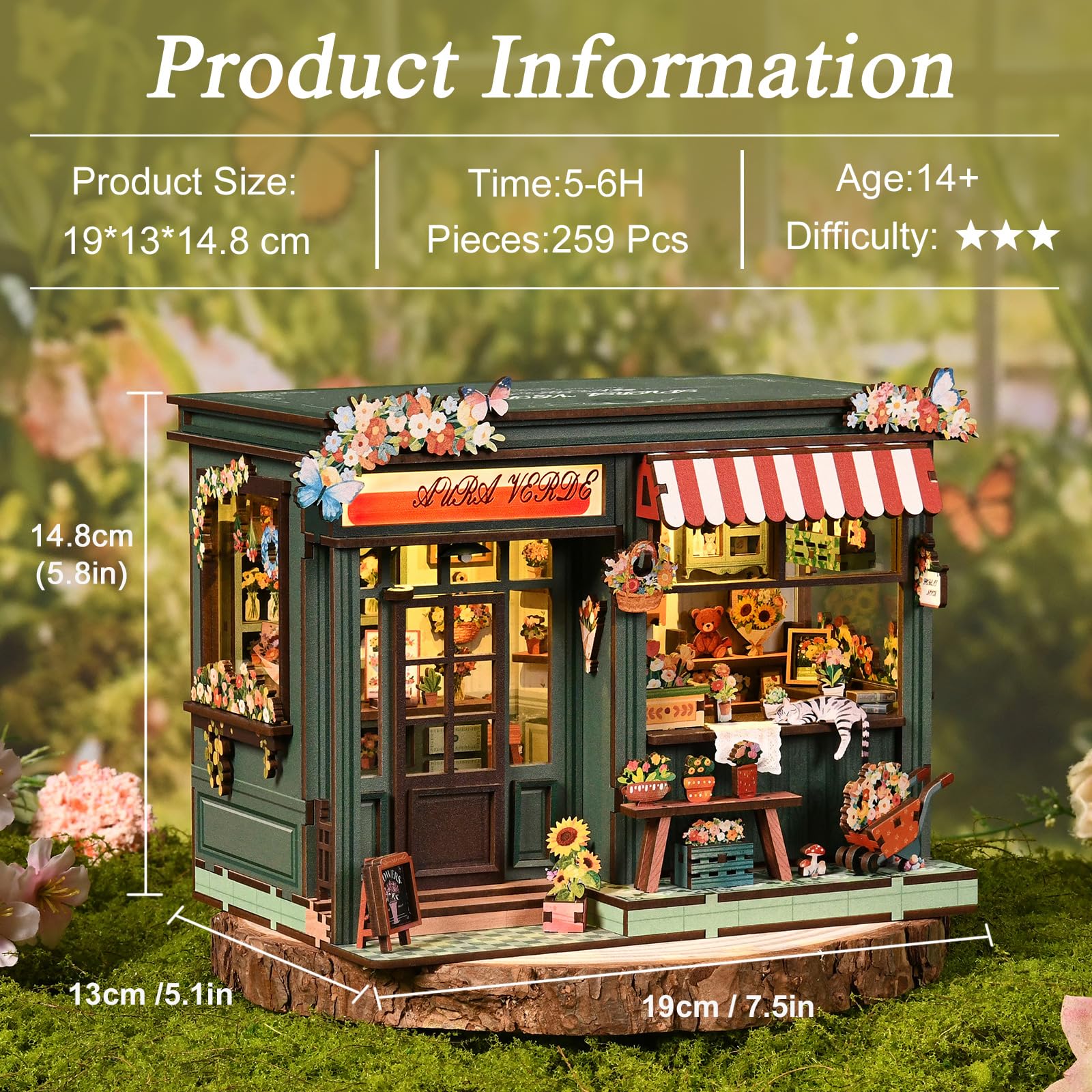 Kit fai da te in miniatura per adulti e ragazzi, decorazione per la casa con scena di negozi di fiori, mini decorazione per la casa, con interruttore touch, puzzle in legno 3D regalo per gli
