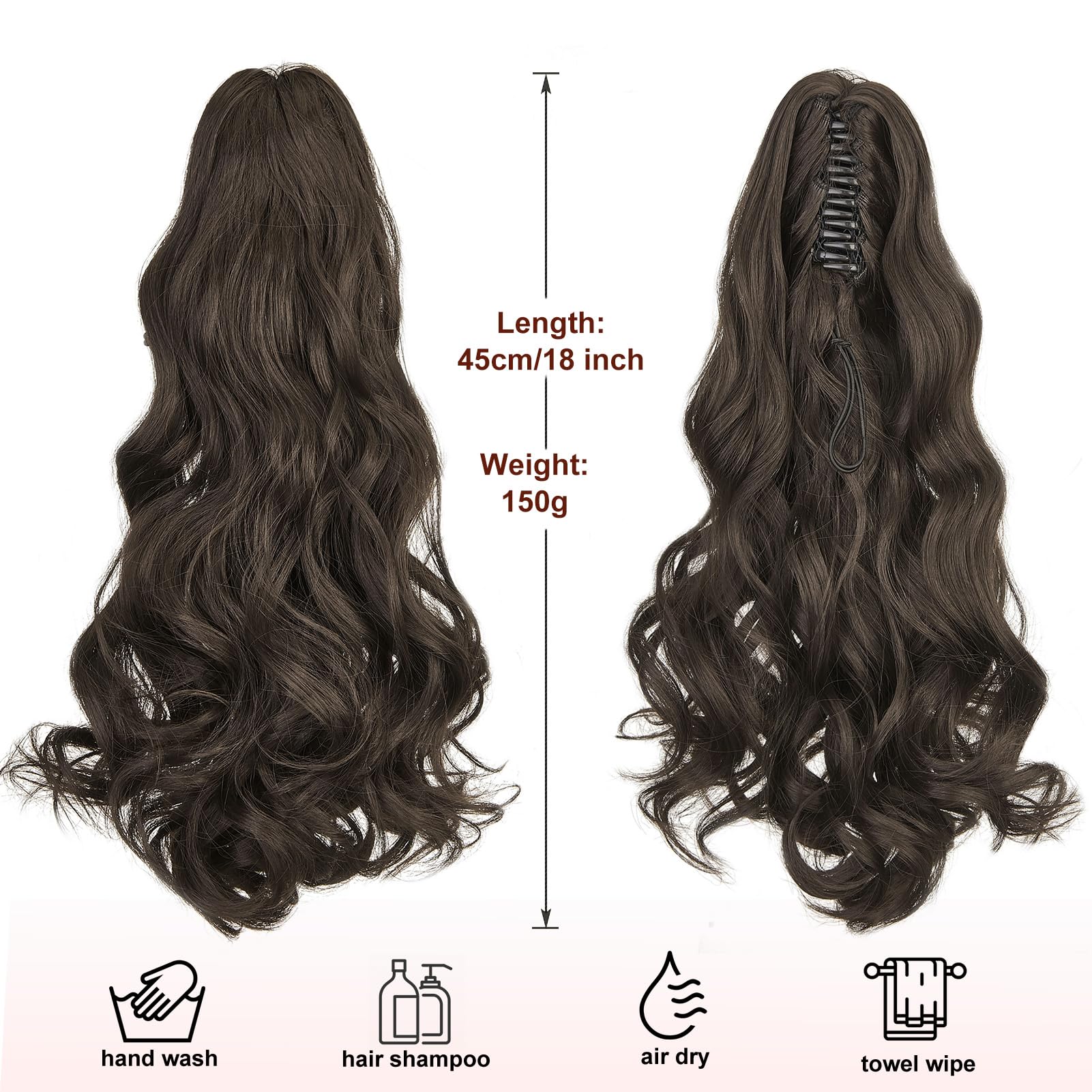 Dcbaboo Claw Clip in Ponytail Hair Extensions Long Wavy 18inch Ponytail Extension Curly Wave Synthetic Jaw on Pony tails Natural Hairpiece Fake Ponytail for Women Medium Brown - Image 3