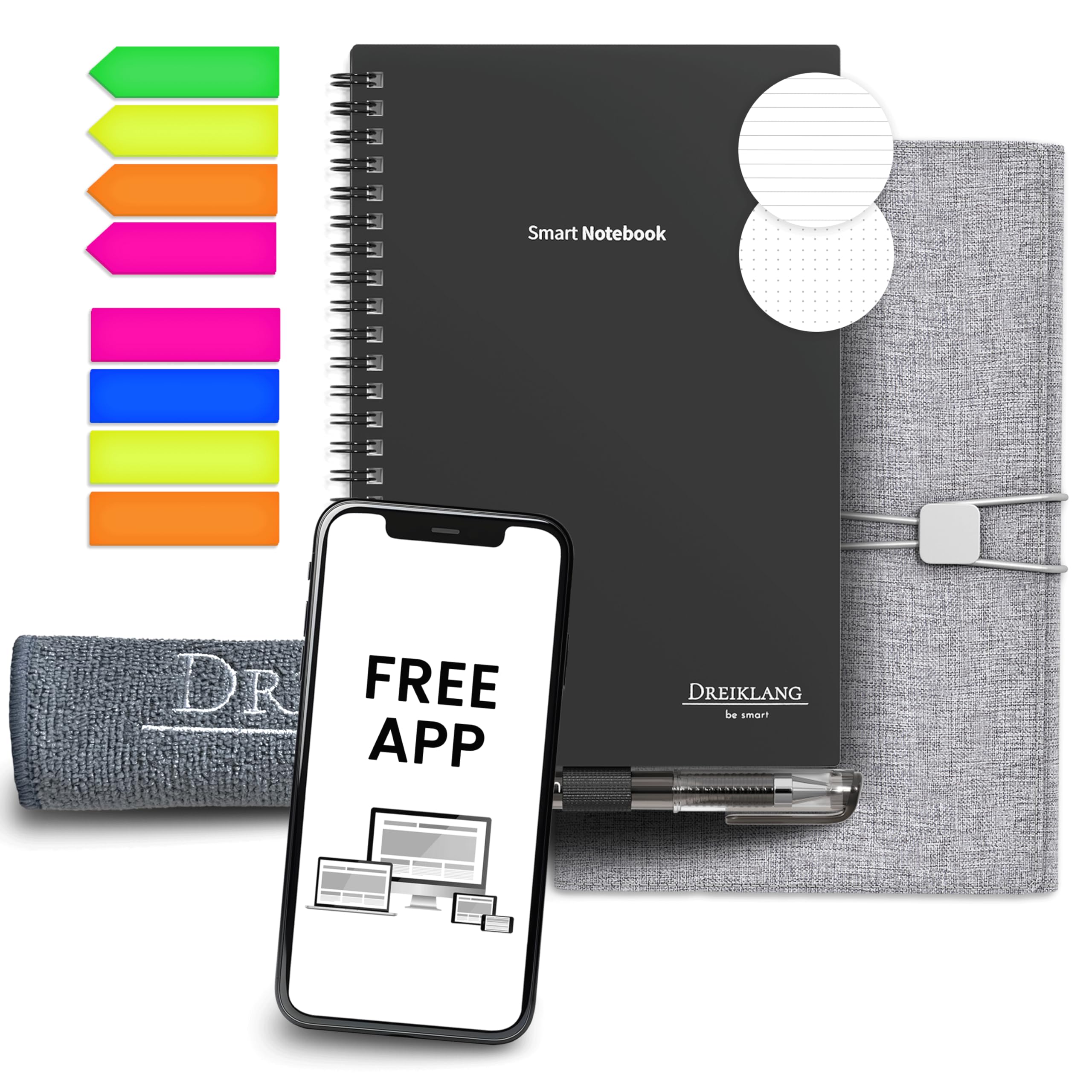 Dreiklang, be smart Reusable Spiral Notebook A5 with Fabric Sleeve, Digital Smart Notepad, Cloud Sync App, Dotted & Lined