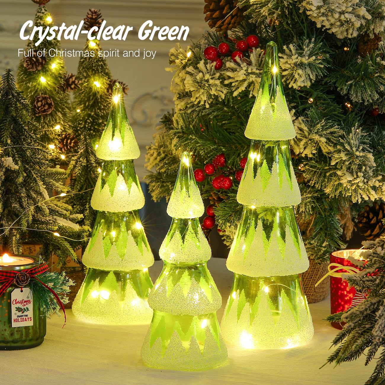 Lewondr LED Glass Christmas Tree Tabletop with Snow Cover Warm Yellow Light, 3 PCS 6H Timer Battery Operated Christmas Table Lamps Ornaments for Xmas Table Decorations Holiday Season Decor, Green