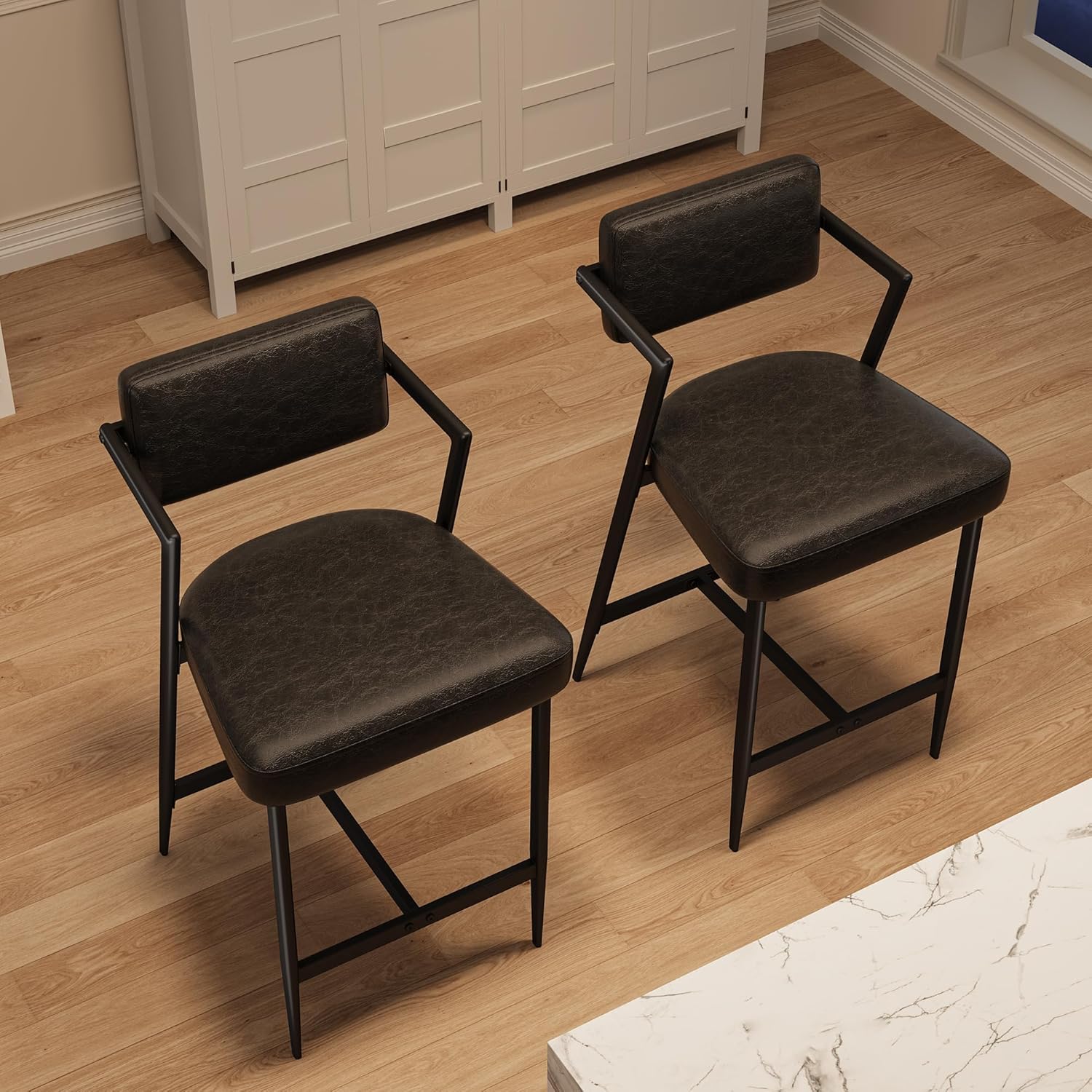 Set of 2 27" Counter Height Bar Stools, PU Leather Upholstered Bar Chairs with Armrests Backrests Thick Cushion & Metal Footrests, Modern Lounge Chairs for Kitchen Island Bar Counter, Black
