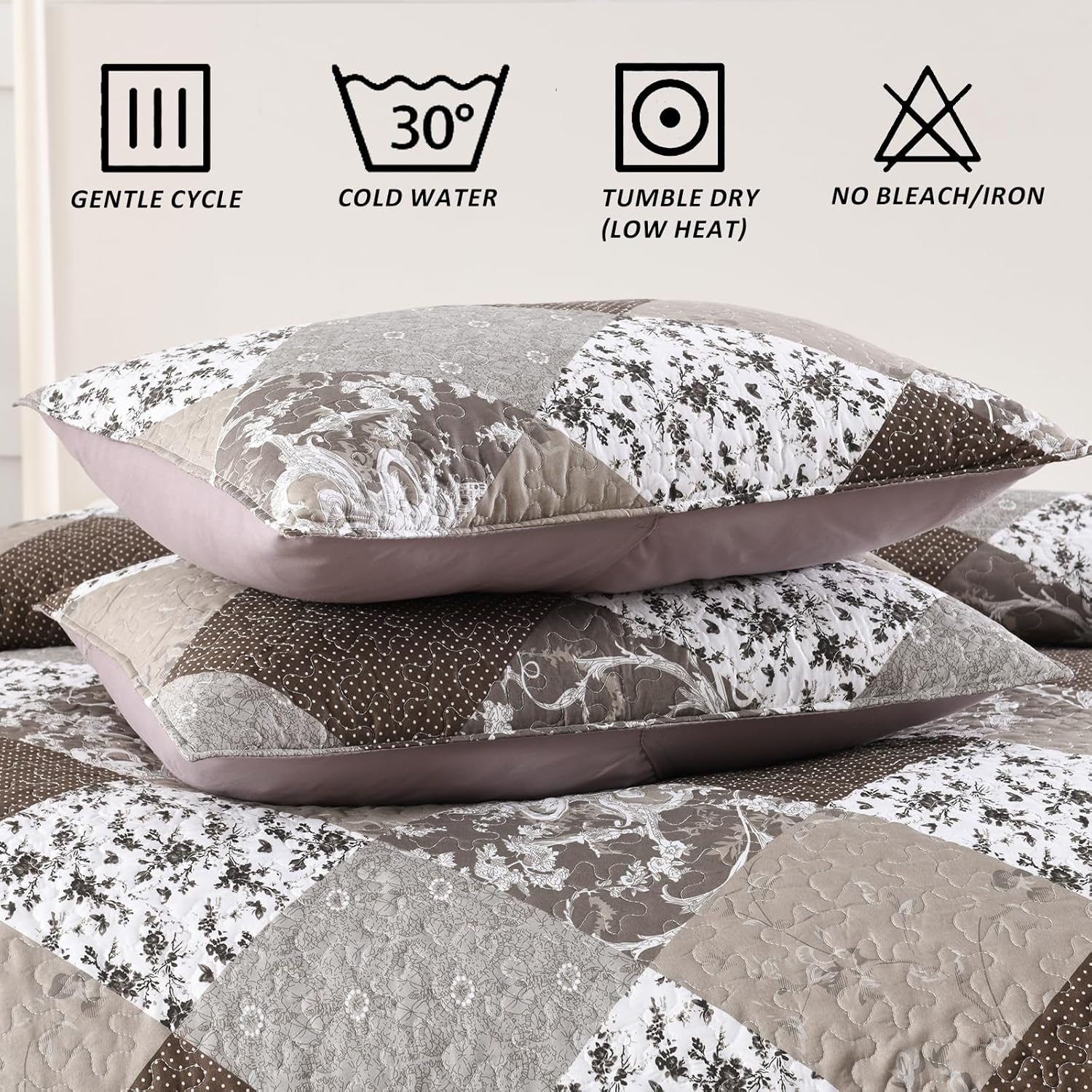 HIARUO Quilt Set Queen Size 3 Pieces Floral Patchwork Comforter Bedspread Boho Plaid Coverlet Reversible Lightweight Farmhouse Bedding with 2 Pillow Covers Shams for All Season, Brown - Image 6