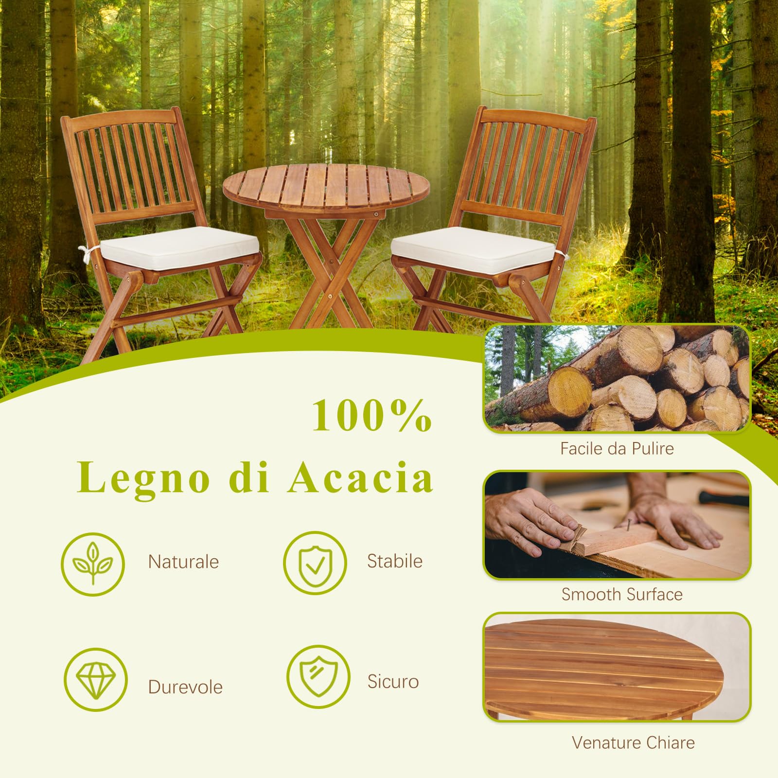 LIFEZEAL Set da Bistrò per Balcone Pieghevole, Set di Mobili da Esterno, 3 Pezzi, Set Tavolo e Sedie da Giardino con Cuscino Imbottito in Legno di Acacia, Tavolo Portato 80kg, Sedie Portate 160kg