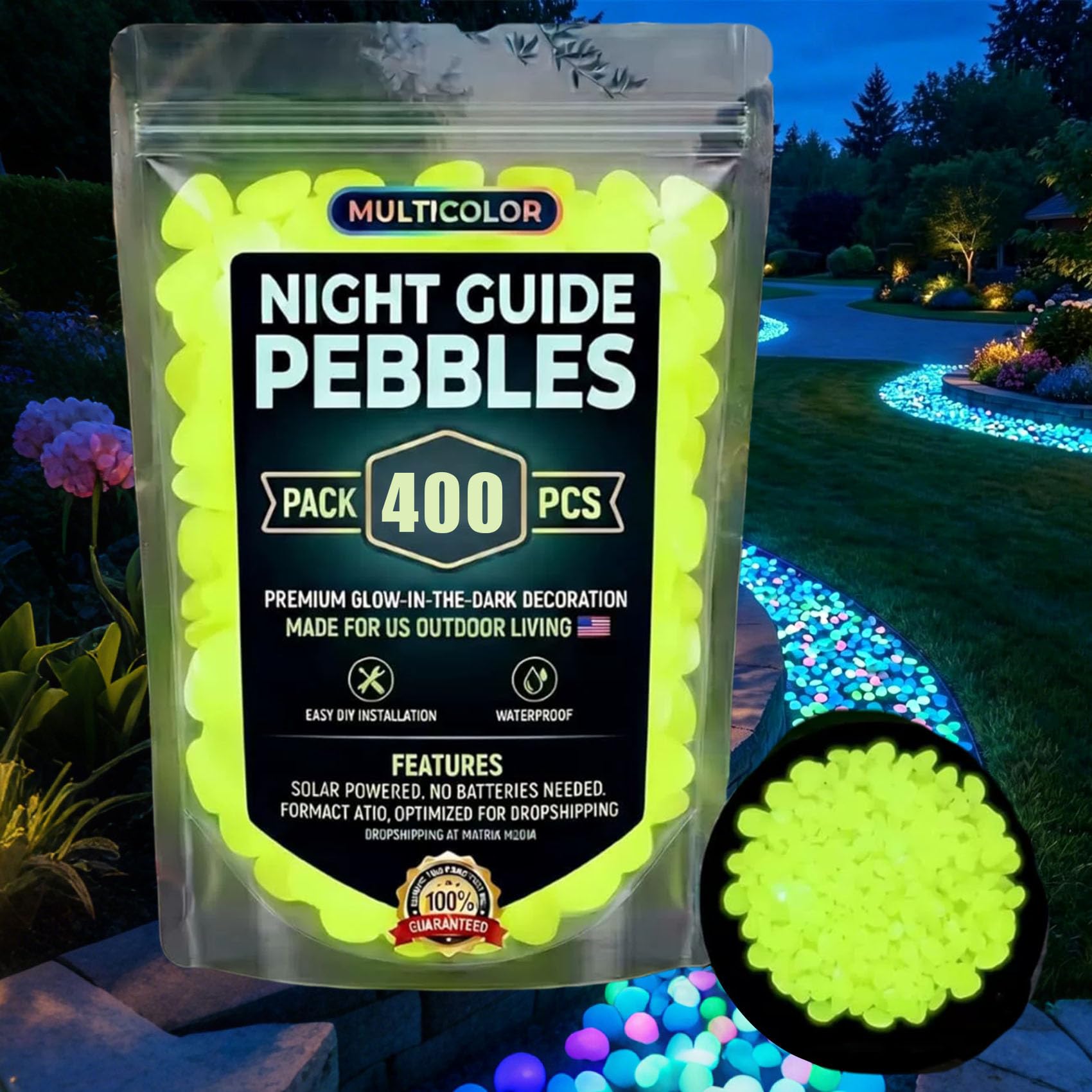 Colorful Glow-in-the-Dark Garden Stones, Luminous Pebbles for Patio, Backyard & Fish Tank Décor, Harmless to Kids and Pets, Eco Friendly Outdoor & Indoor Landscaping Decoration (Yellow*400)