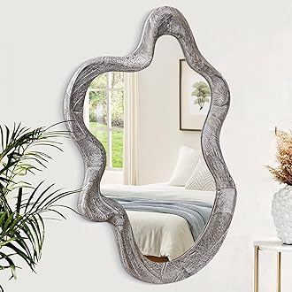 Asymmetrical Mirror Large Irregular Wall Mirror Modern Wood Frame Unique Artistic Mirrors Cute and Stylish Cloud Wavy Mirror Decorative for Cloakroom Bedroom Living Room Bathroom Entryway White