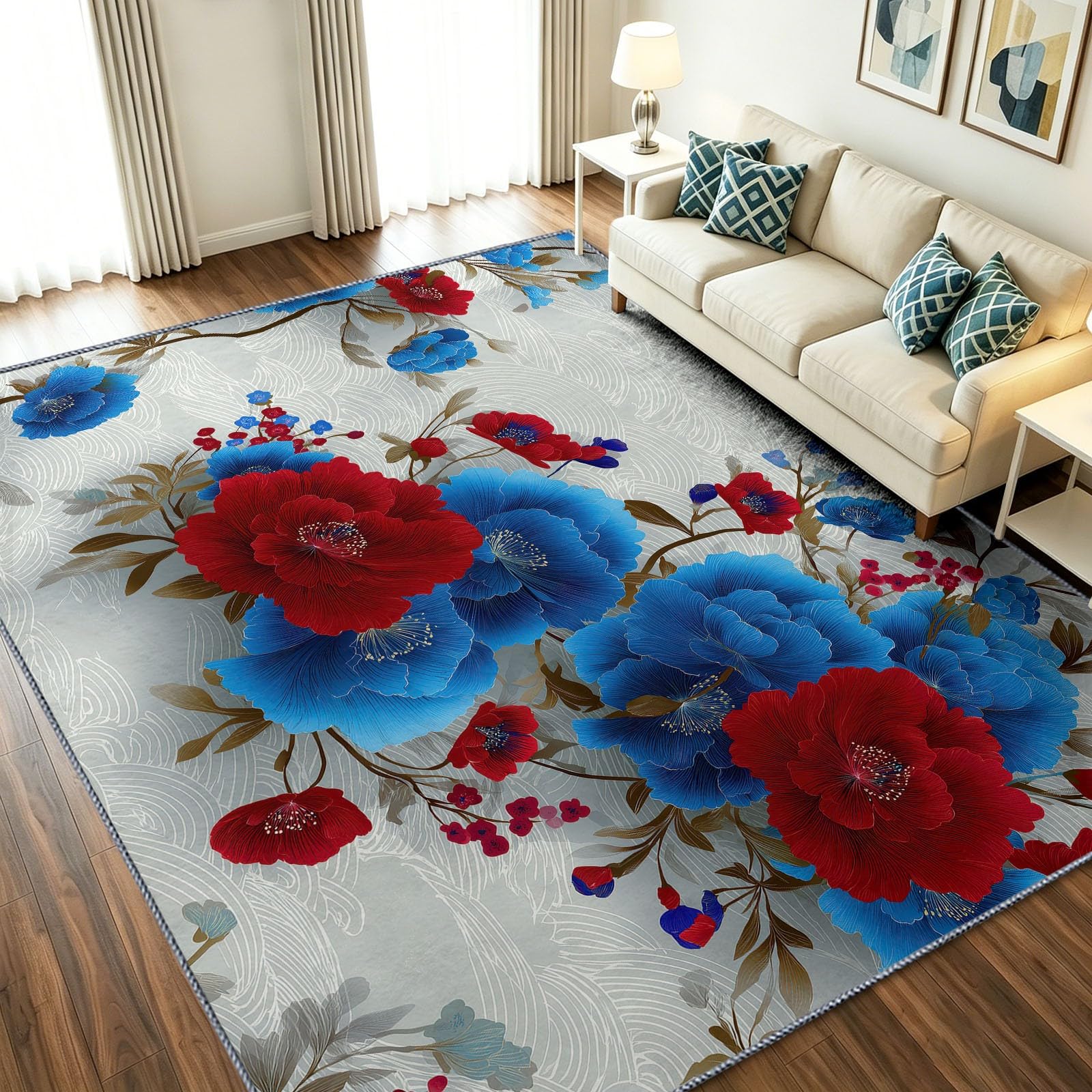 Alfombra de pelo corto fácil de limpiar de 80x150 cm floral con fondo antideslizante