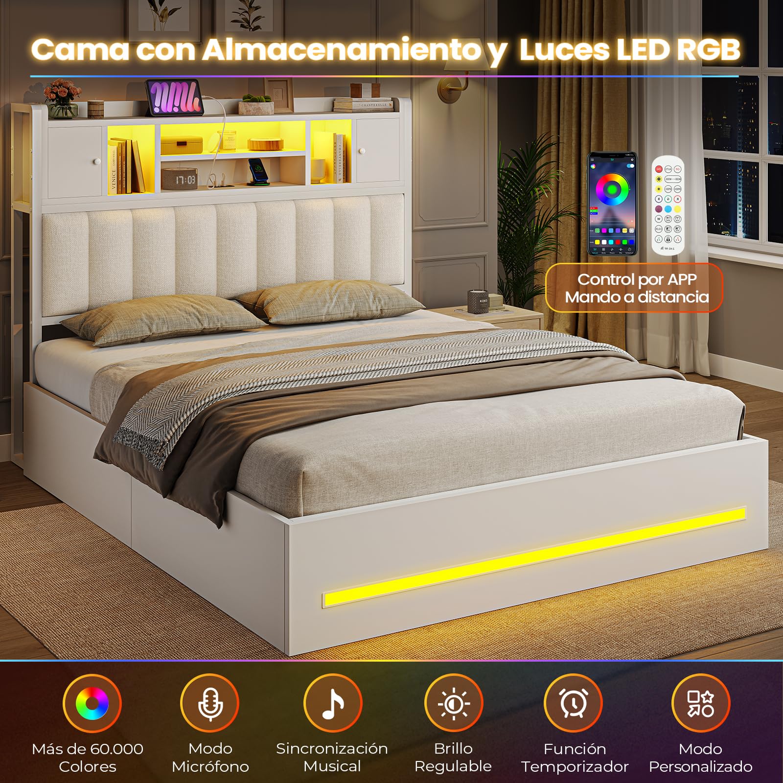 AGOLLATI Camas Matrimoniales 140x190 con Estación de Recarga y LED, Cama Canapé Hidráulica，Estructura Cama Cabecero Tapizado con 7 Compartimentos de almacenaje, Somier de Láminas de Madera, Blanco