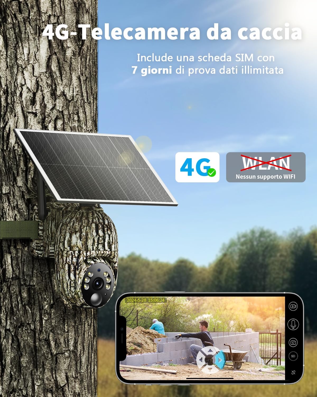Fototrappola con SIM, 4G LTE Fotocamera da Caccia con Scheda SIM, 2K Video Telecamera Esterna con Pannello Solare, Visione Notturna a Colori, Rilevamento PIR, IP66 (2PCS)