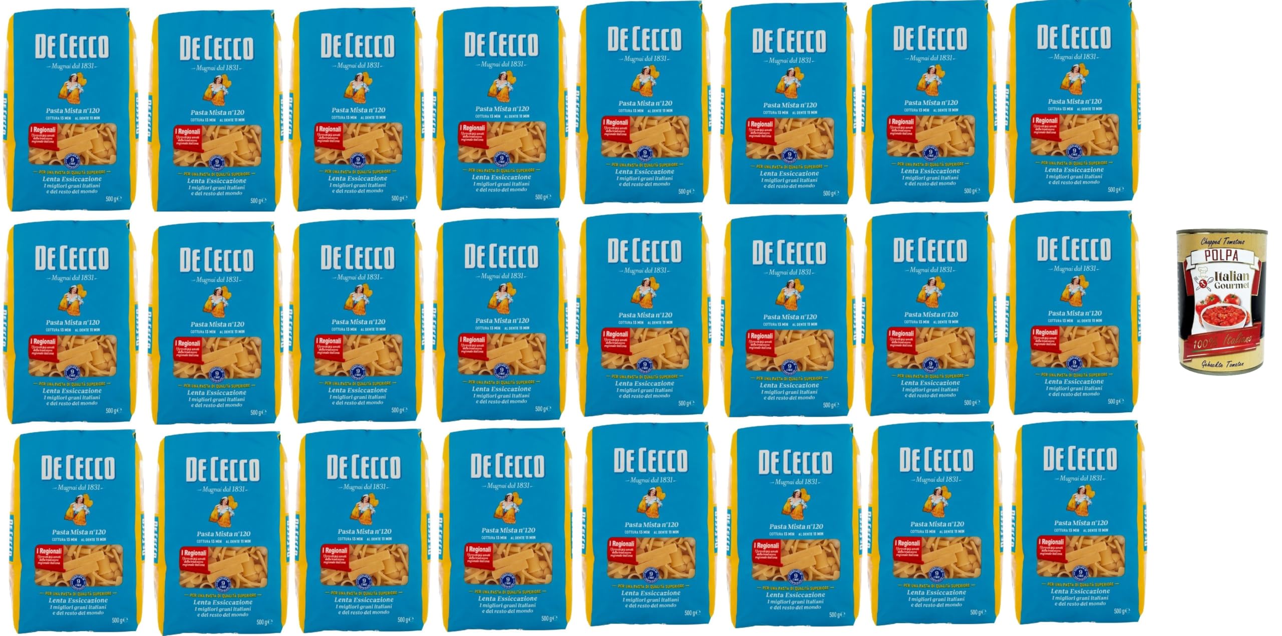 De Cecco Pasta Mista n°120 - Pasta 24 x 500 g | Secado lento | Sémola de trigo duro de alta calidad | Horneado 13 min (al diente 11), ideal para sopas y platos tradicionales + Italian Gourmet polpa
