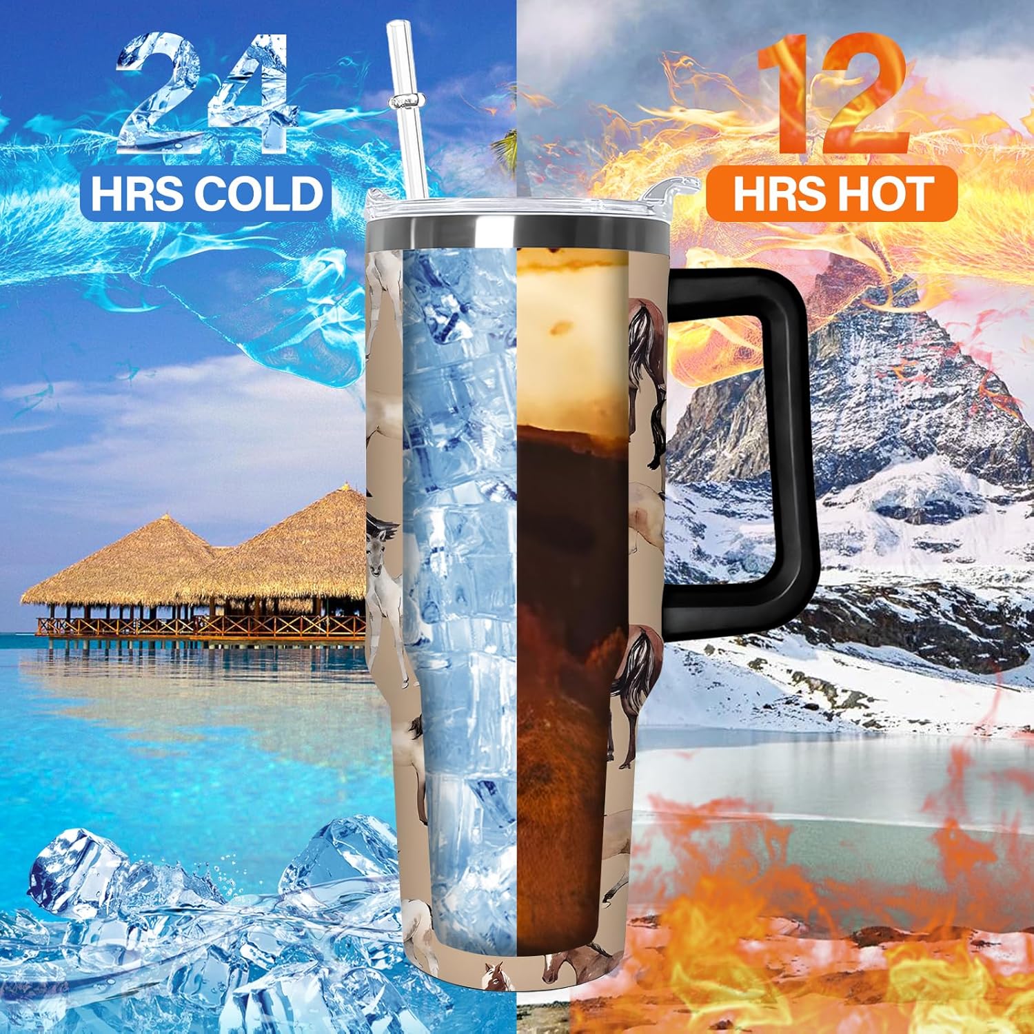 40 oz Insulated Stainless Tumbler With Handle and Straw, 40oz Coffee Travel Mugs Cup Water Bottle Horse Lovers Gifts for Women Girls - Image 5