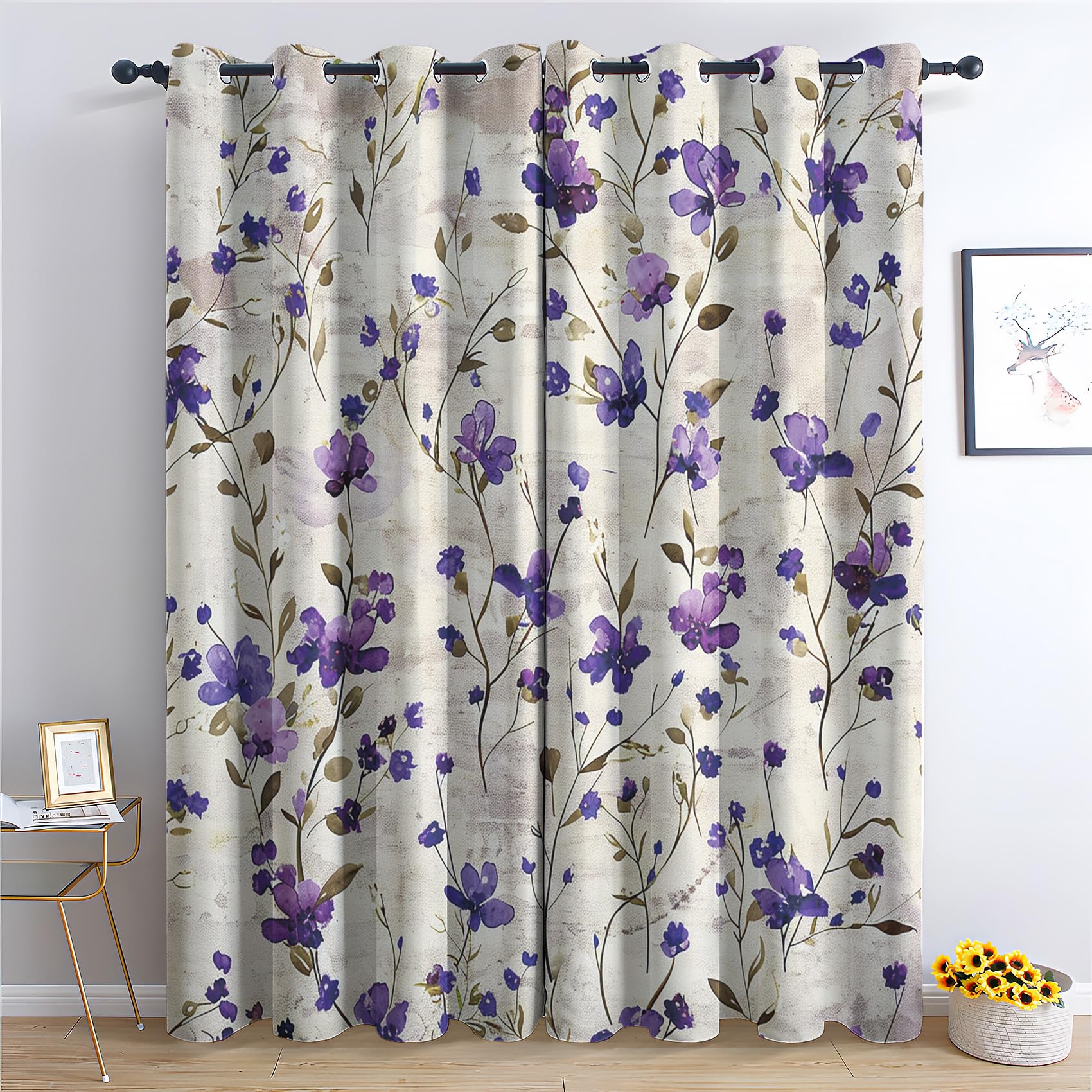 SZLYZM Vintage Purple Floral Blackout Curtains for Bedroom living Room, Botanical Rustic Flower Curtains 46x72, 72 Drop Curtains 2 Panels Set, Thermal Eyelet Drapes Patterned Window Treatments