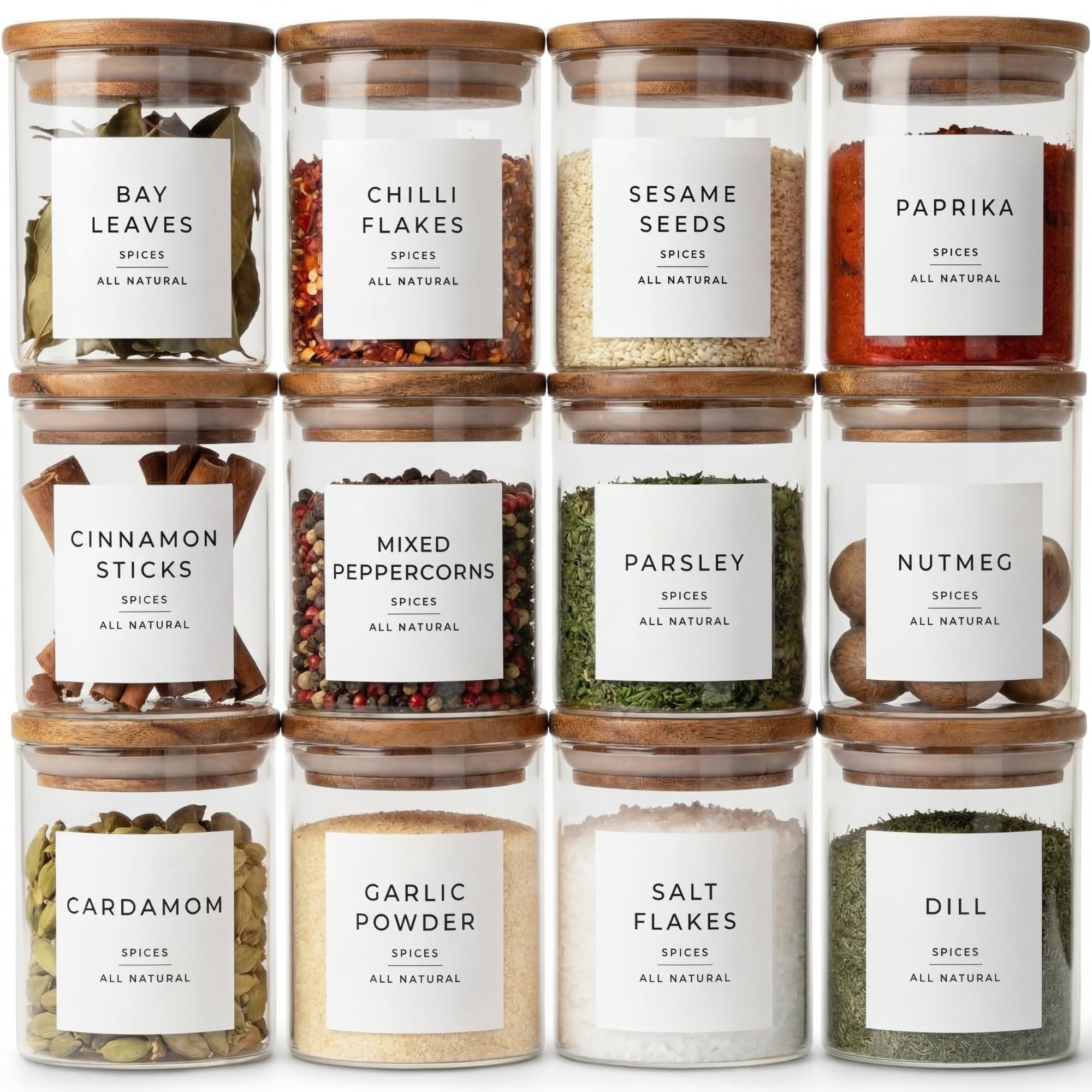 Livabl Acacia Glass Spice Jars With Lids And Labels – 12 Bamboo Lid Spice Containers - 200Ml Airtight Jars With 360 White Uk Designed Waterproof Pre-Printed Labels - Complete Herb, Seasoning & Spices Storage