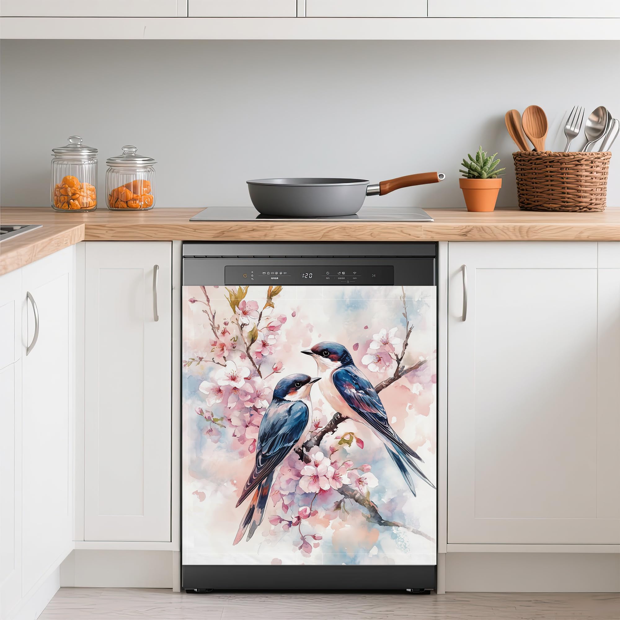 Spring Bird Dishwasher Magnets Decorative Cover,Pink Peach Flower Waterproof Magnetic Dishwasher Cover Panel,Refrigerator Magnet Cover for Kitchen Home Decor 23x26 Inch
