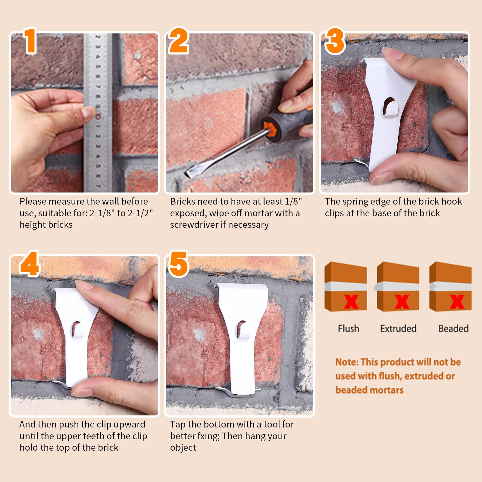 Ripeng 8-Piece Brick Wall Clips & Hooks – No-Drill Hangers For 2-1/4" To 2-3/8" Bricks, Perfect For Pictures, Wreaths, And Outdoor Decor (Bronze)