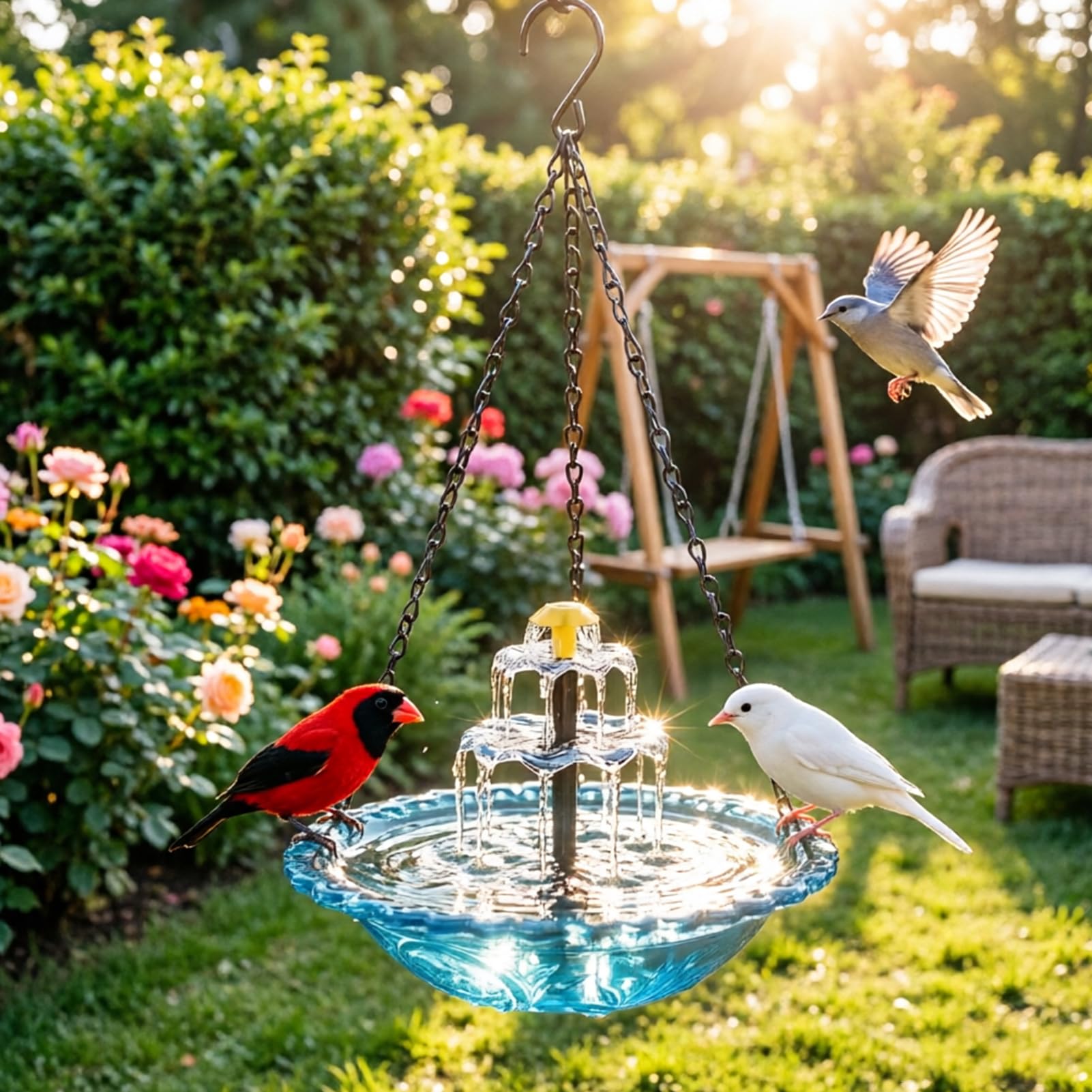 Vogeltränke Hängend mit Solarbrunnen, Solar Vogeltränke Balkon, Vogelbad Garten zum Aufhängen, Wassertränke für Vögel mit Springbrunnen Wasserspiel,Metall Trinkschale Vögel für Garten Hof Outdoor (A)