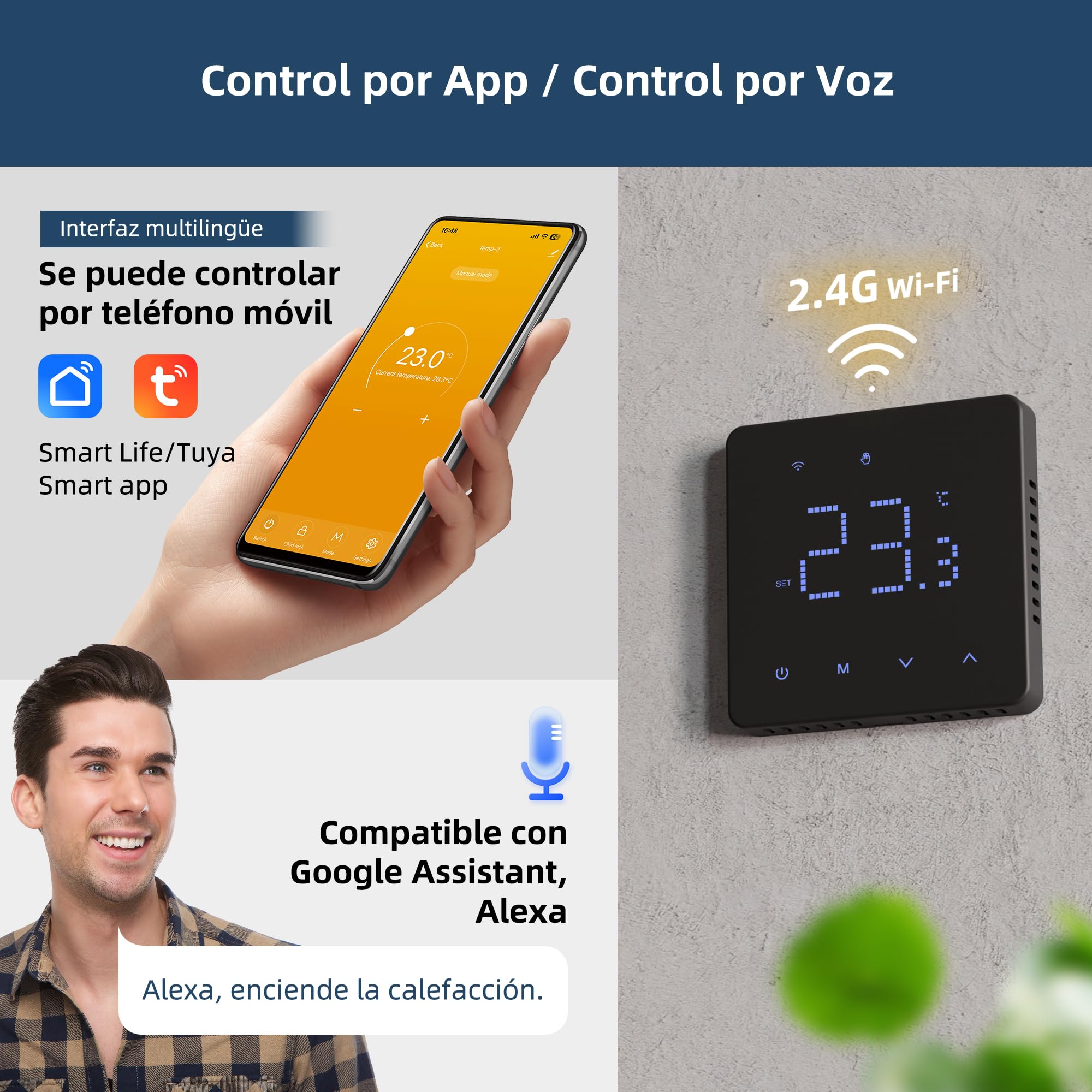 Beok Termostato WiFi para Caldera, programación Diaria, controlable a través de Tuya o Smart Life, Compatible con Alexa y Google Assistant, Control por Voz, 230 V, termostato Empotrado Negro.