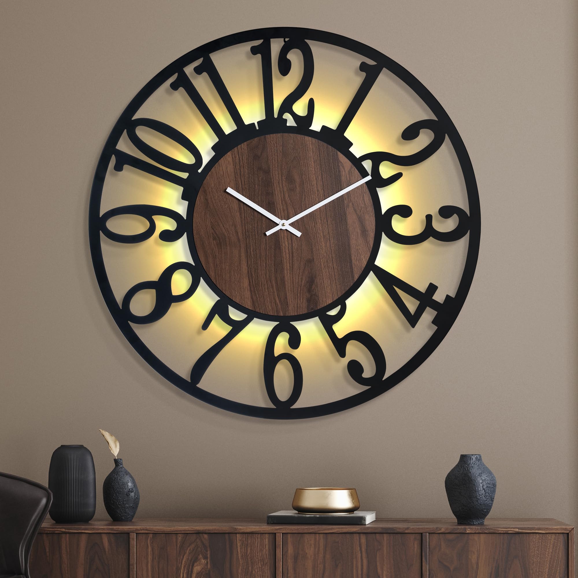 Mee 2Ou Dark Brown - Arabic Numbers 80Cm Large Metal Wall Clock With Voice And Light Sensor Night Light, Glow In The Dark Non-Ticking Silent Battery Operated Decorative Oversized Wall Clock For Bedroom Living Room Decor