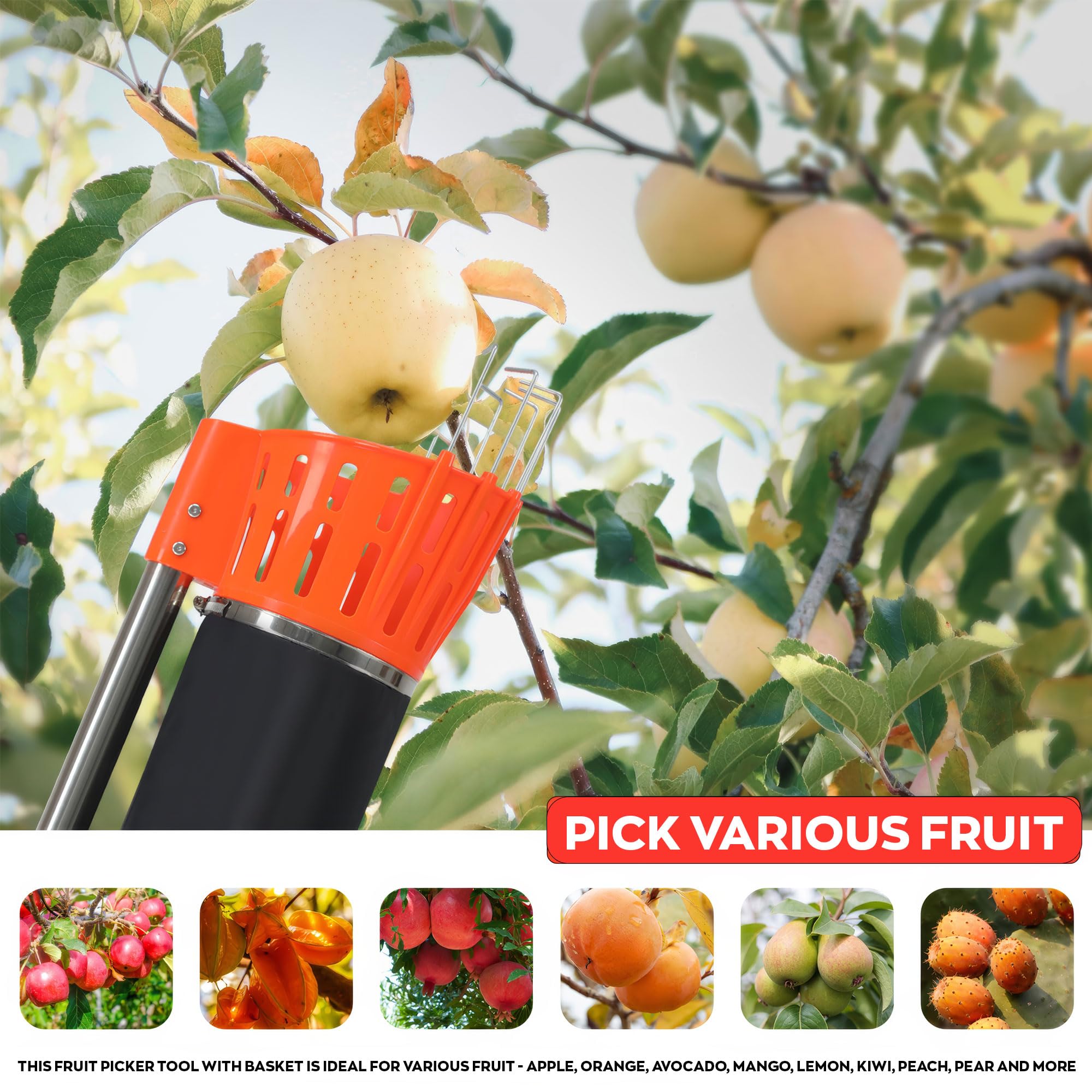 BOUDECH Pametik - Raccoglitore di Frutta a Imbuto Manico Telescopico 4m con Supporto e Borsa in Tessuto per Raccolta di Mele Arance Pere Arancione e Nero