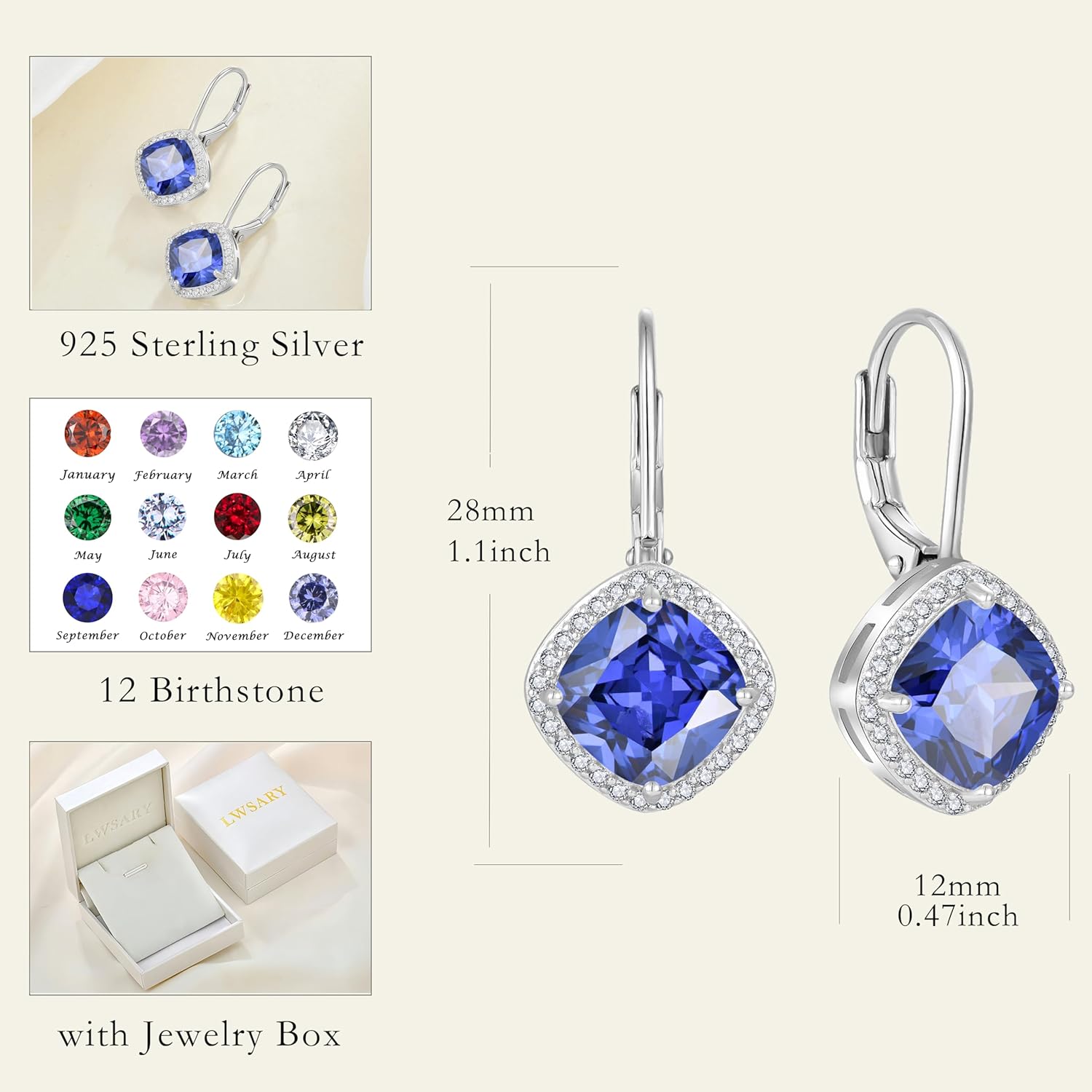 Square Princess Cut Dangle Drop Earrings 925 Sterling Silver Halo Solitaire Leverback Earrings Birthstone Jewelry for Women - Image 6