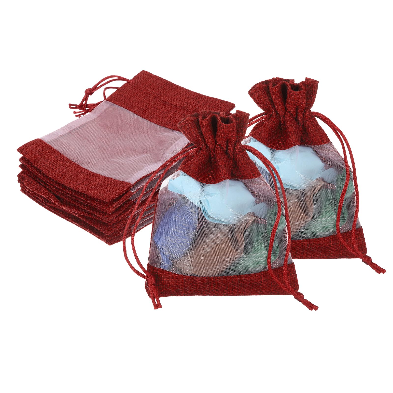 PATIKIL Burlap Bags with Drawstring, (10cm x 14cm, Dark Red) (12 Pcs), Burlap Organza Gift Bags Linen Sheer Mesh Treat Pouch, Suit For- Wedding/Party/Birthday/Favors/Jewelry/Craft/DIY