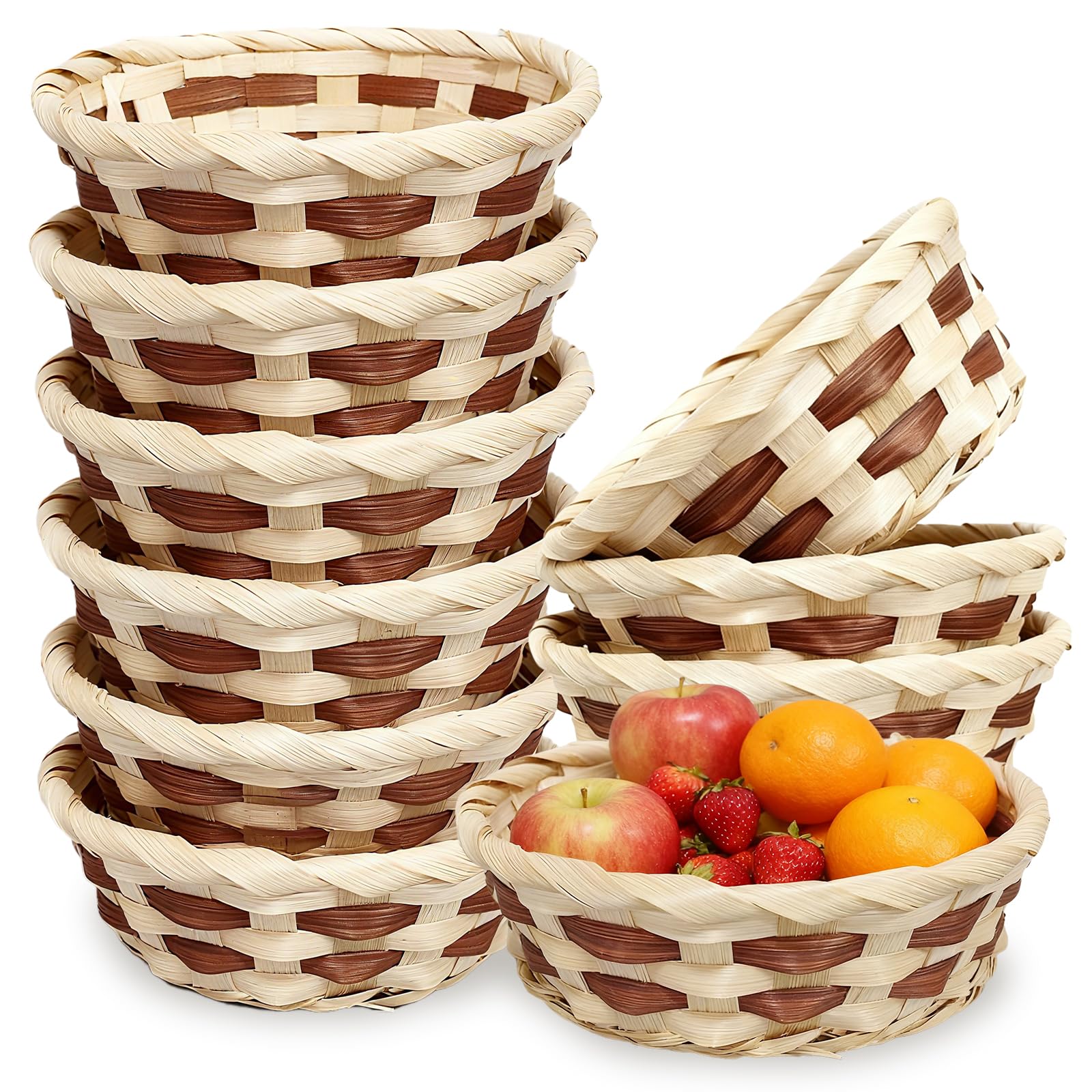 10 Pack Round Gift Baskets, Bamboo Bread Basket, 17cm Small Bamboo Basket, Round Woven Food Basket for Fruit Vegetables Snacks Reusable, for Table Restaurant Display Decor Home Storage