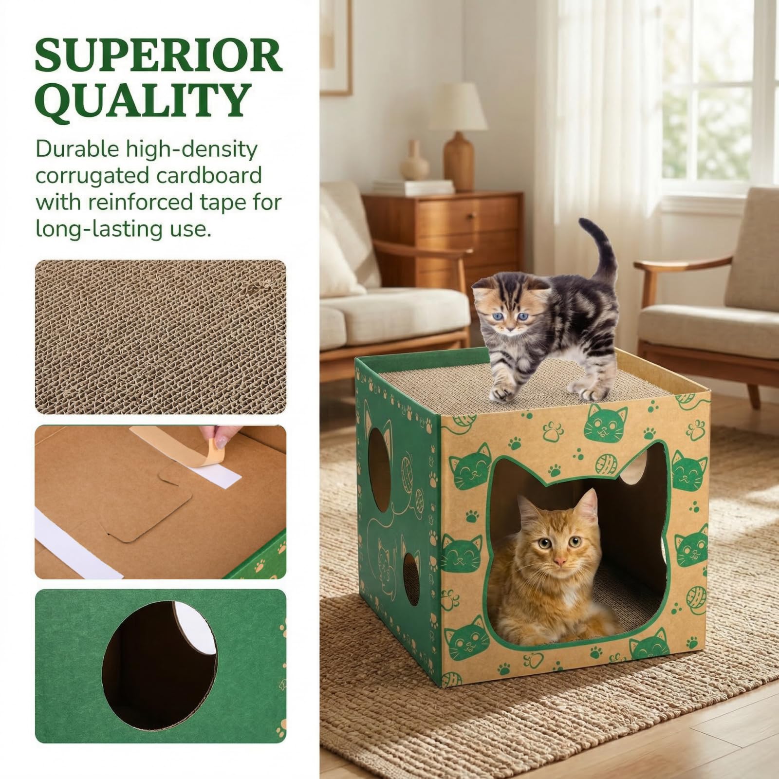 Pumtus Paquete de 2 casas de cartón para gatos, casa de juego para gatos con 2 almohadillas para rascar, cueva escondite corrugada para gatos, bonita caja de condominios para gatos, juguete rascador