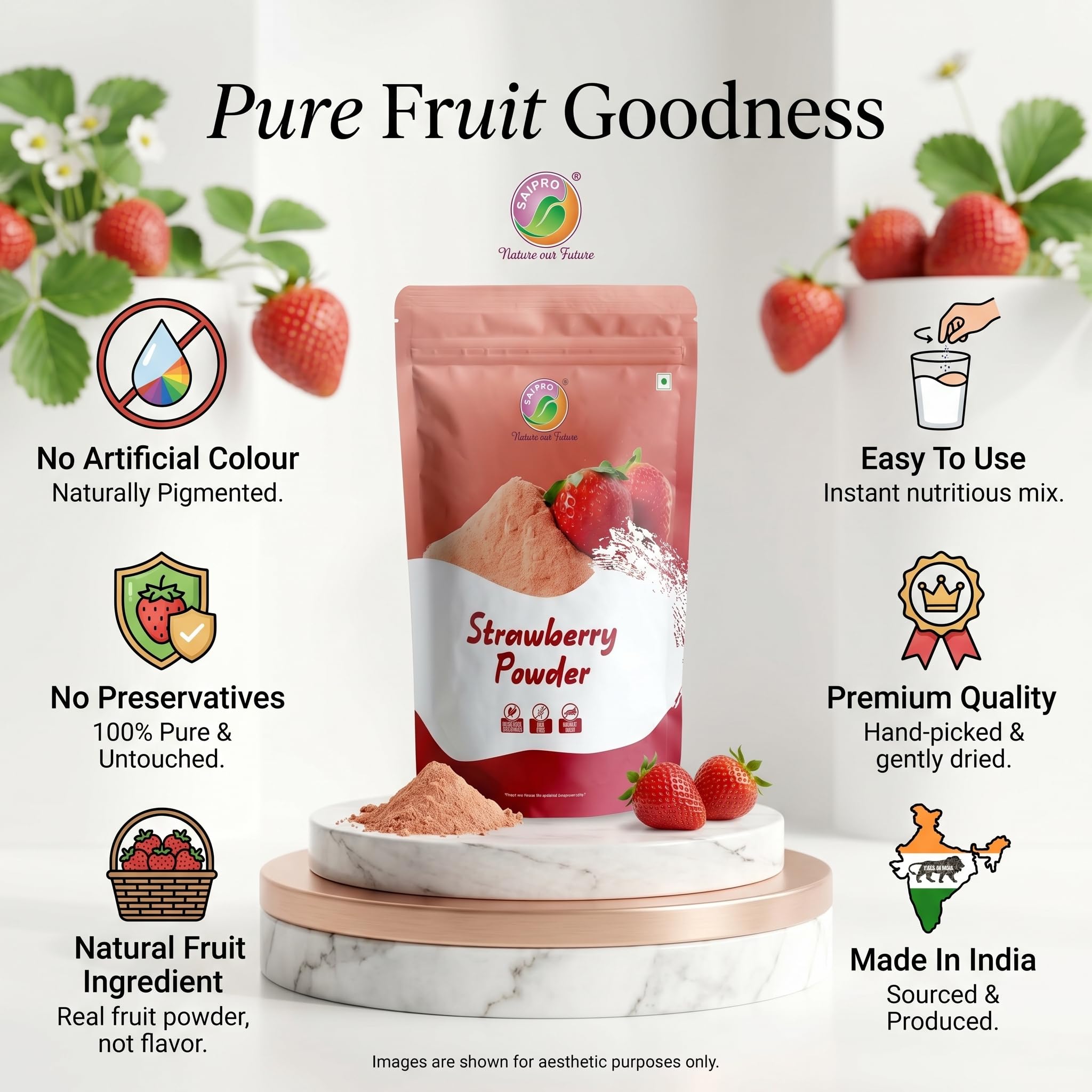 Saipro Strawberry Fruit Powder, 200 gm, Strawberry powder for Cake| Milkshakes|Natural flavour| for food| juice| Lemonade| Ingredient in beverages like lemonade, cooking, baking, cosmetics, all natural. No Artificial colour, No preservatives 3