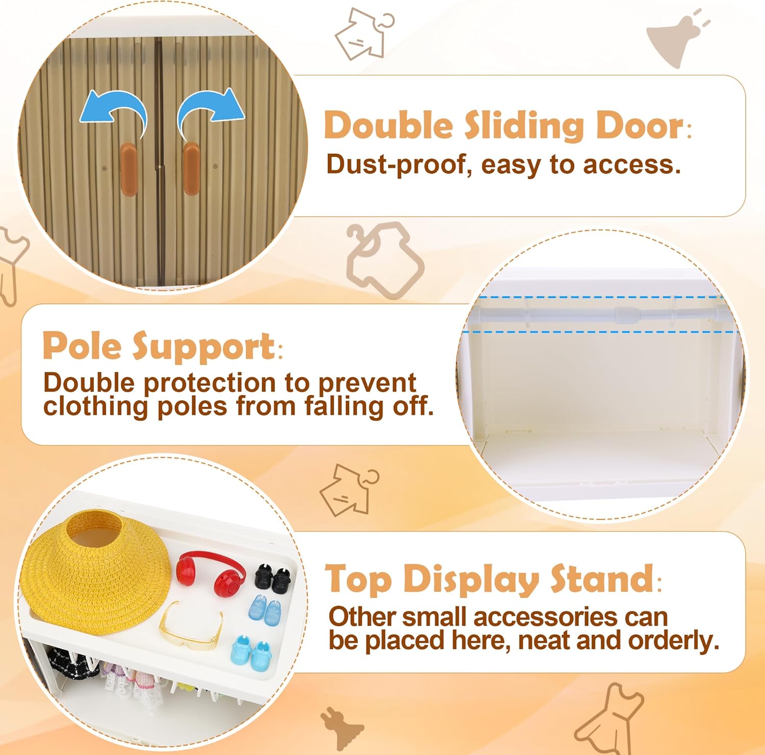 Catcan Foldable Doll Wardrobe Closet, 42Pcs Storage Box with Clothes Rack & Hangers for 15/17cm Dolls, Includes Dust Cover and Sliding Doors