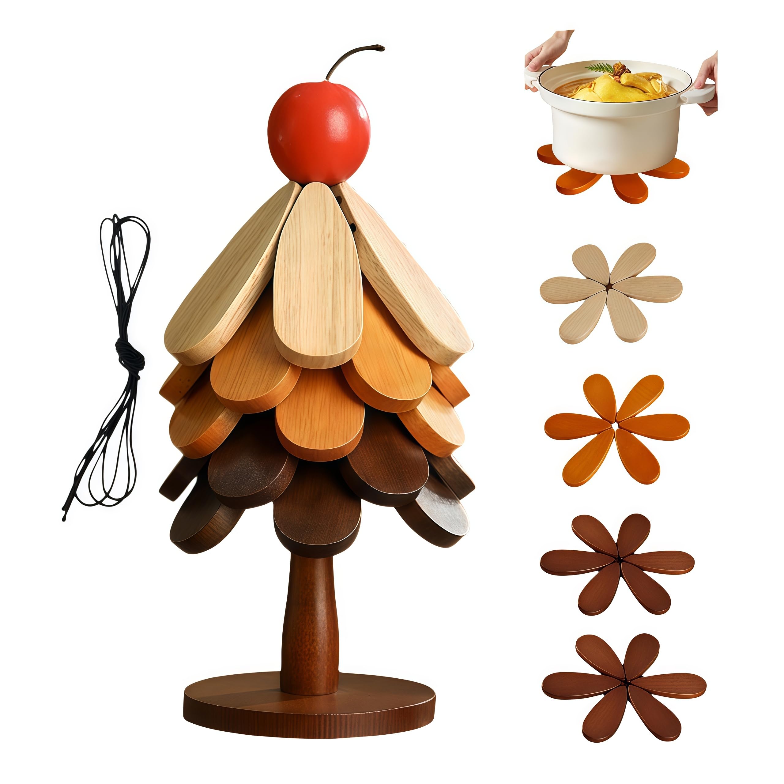 YERHOME Bamboo Pot Trivet, Set of 5, Approx. W 7.1 x D 7.1 x H 0.2 inches (18 x 18 x 0.6 cm) + Christmas Tree Storage Stand, Stylish, Heat Resistant, Cute, Magnetic, Trivet, Heat Resistant, Cauldron :