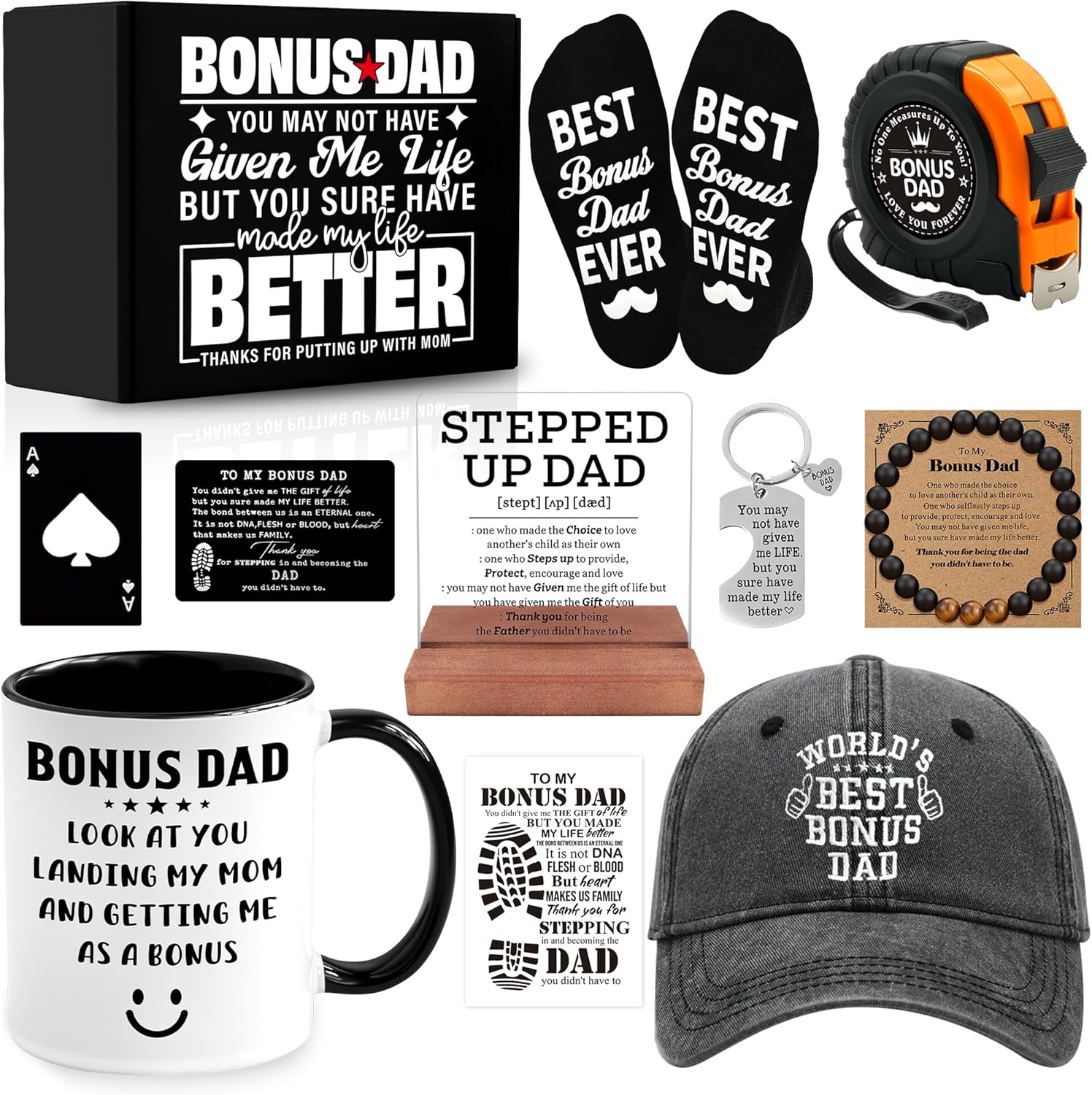 11 PCS Step Dad Gift with 11 Oz Ceramic Cup, Acrylic Desk Plaque Sign, Hat, Socks, Tape Measure, Christmas Gifts, Bonus Dad Gifts, Birthday, Father's Day Gift from Stepchild