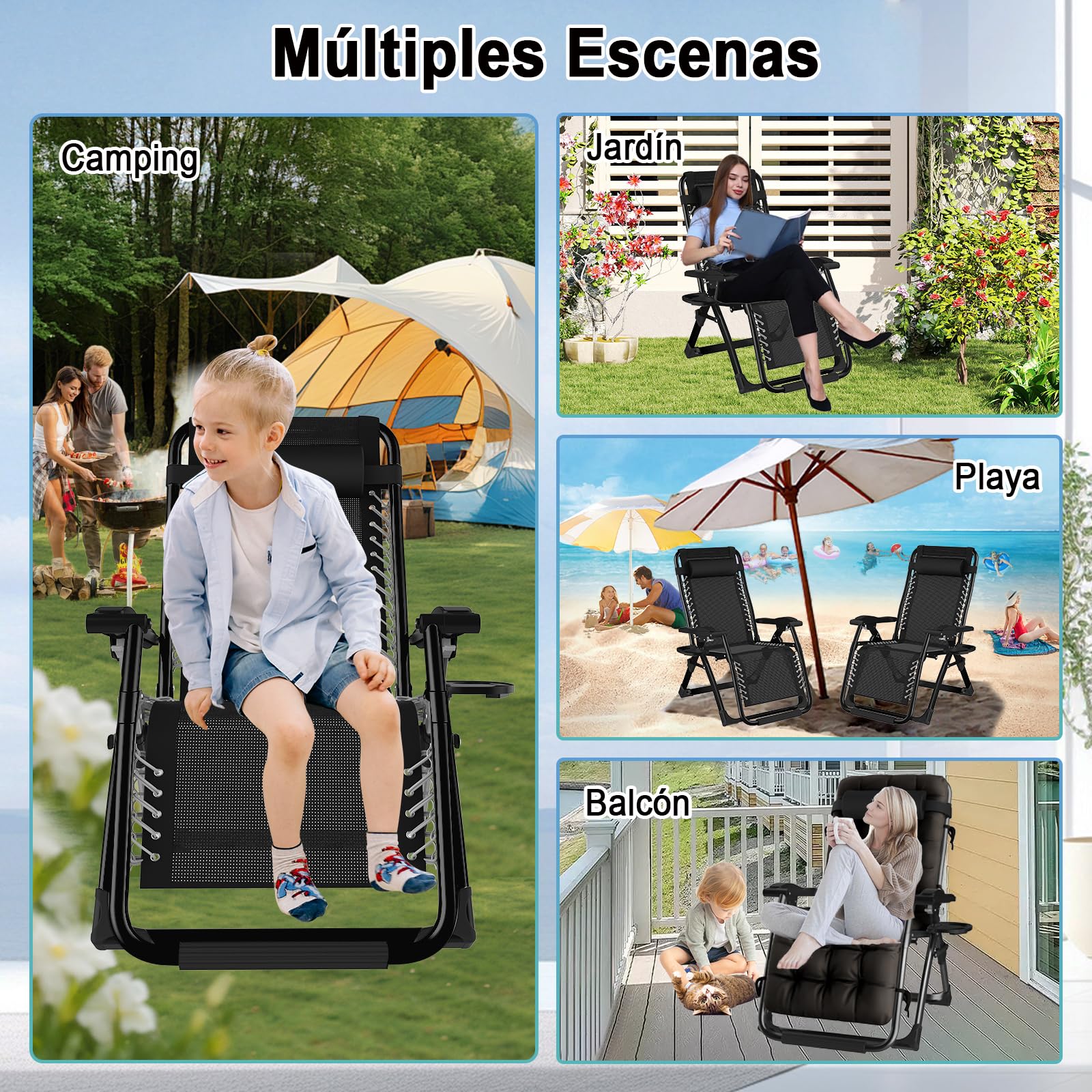 Tumbona Plegable Jardin Acolchada, Tumbonas Jardin Exterior Ajustable con Portavasos y Reposacabezas, Silla de Gravedad Cero Soporta 200 kg para Balcón Terraza (Negro, Extra Ancha 77 cm)