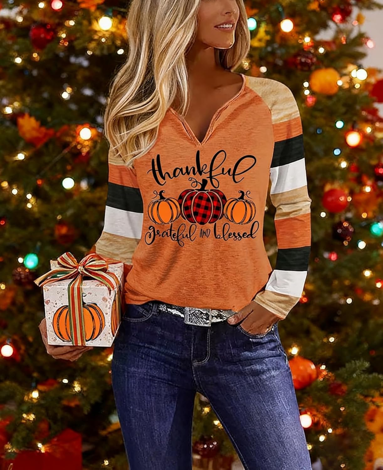 Fall Pumpkin T Shirts for Women Thanksgiving Halloween Pumpkin Graphic Tees Spriped Splicing Long Sleeve Shirt Tops - Image 2