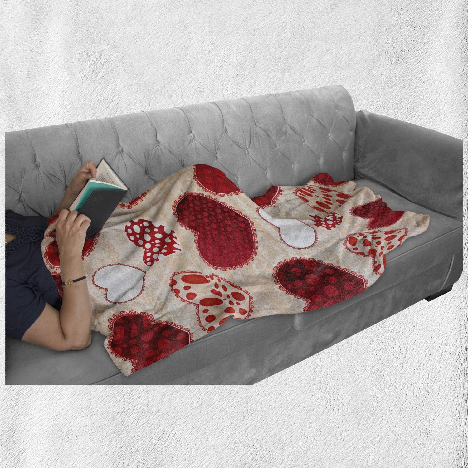 Lunarable Love Throw Blanket, Love Valentine's Day Patchwork Warm Colors Polkadots Striped Background, Flannel Fleece Accent Piece Soft Couch Cover for Adults, 60" x 80", Scarlet White Peach